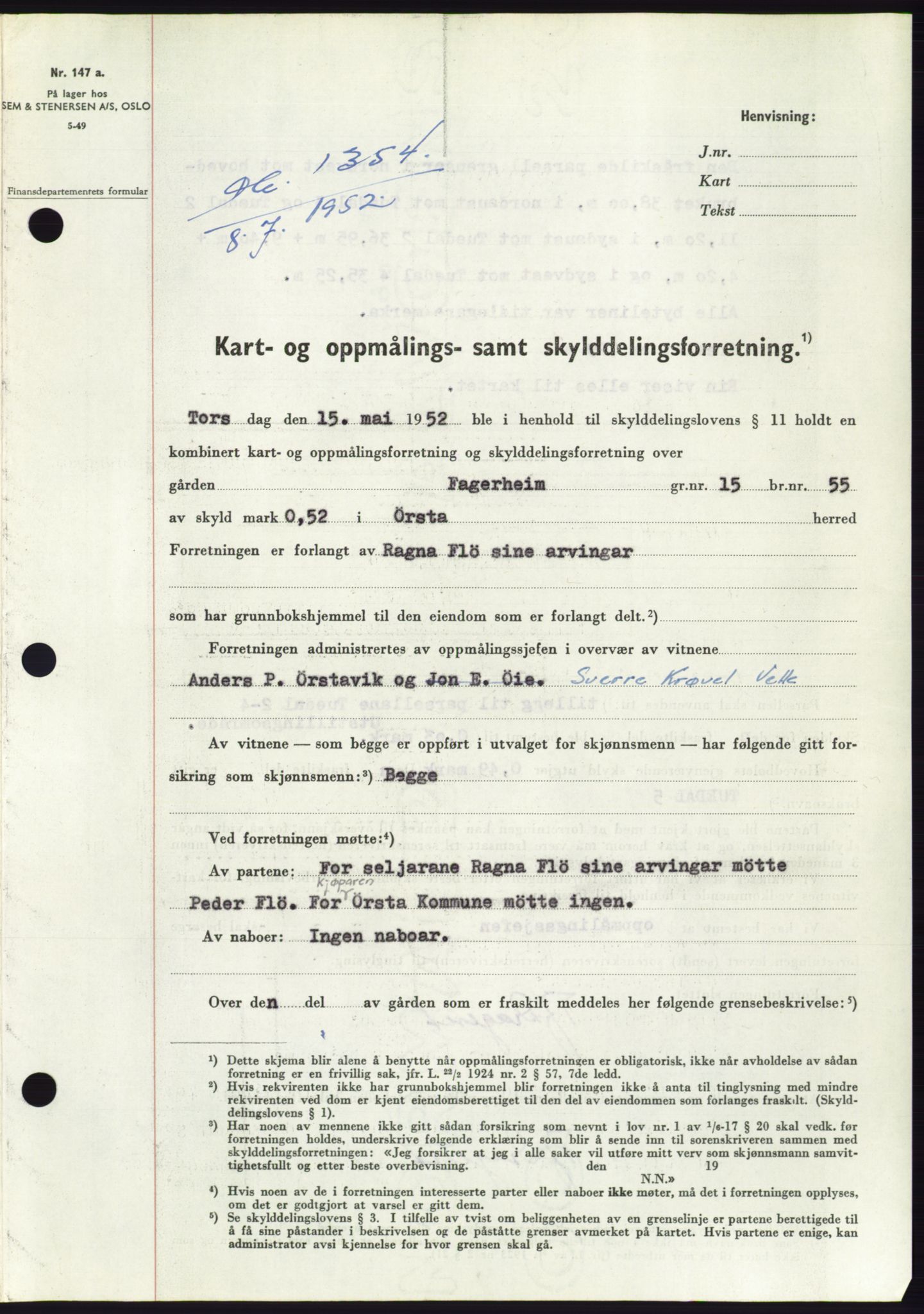 Søre Sunnmøre sorenskriveri, AV/SAT-A-4122/1/2/2C/L0092: Mortgage book no. 18A, 1952-1952, Diary no: : 1354/1952