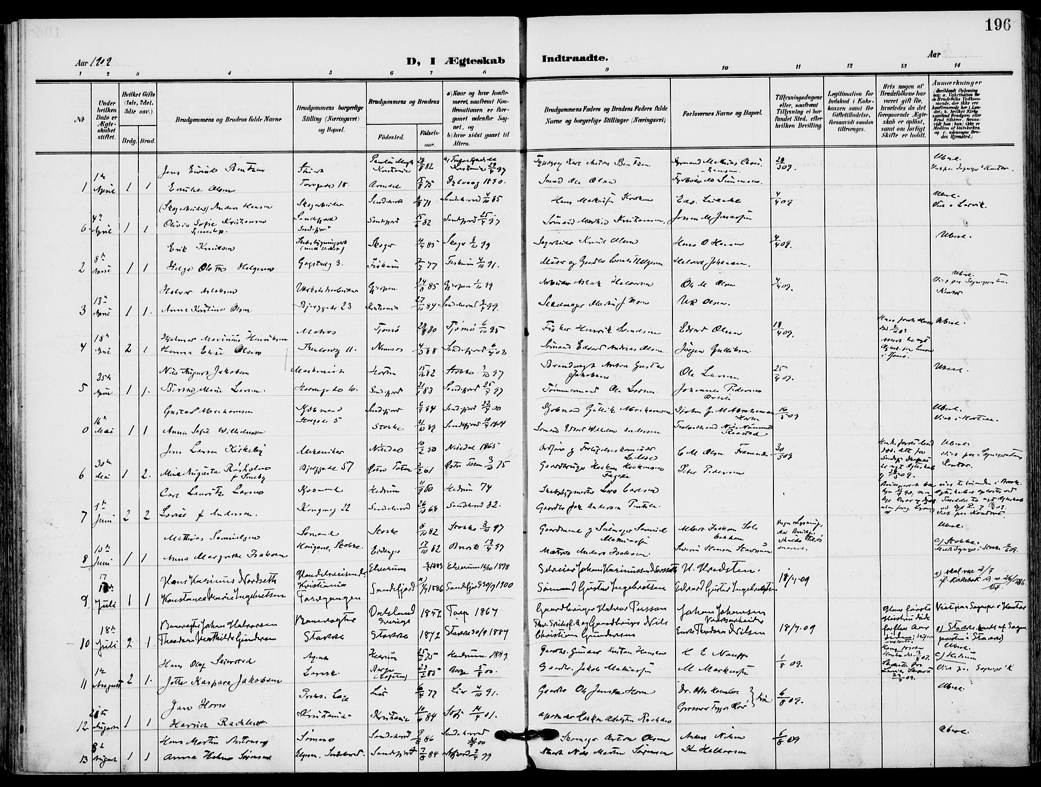 Sandefjord kirkebøker, AV/SAKO-A-315/F/Fa/L0005: Parish register (official) no. 5, 1906-1915, p. 196