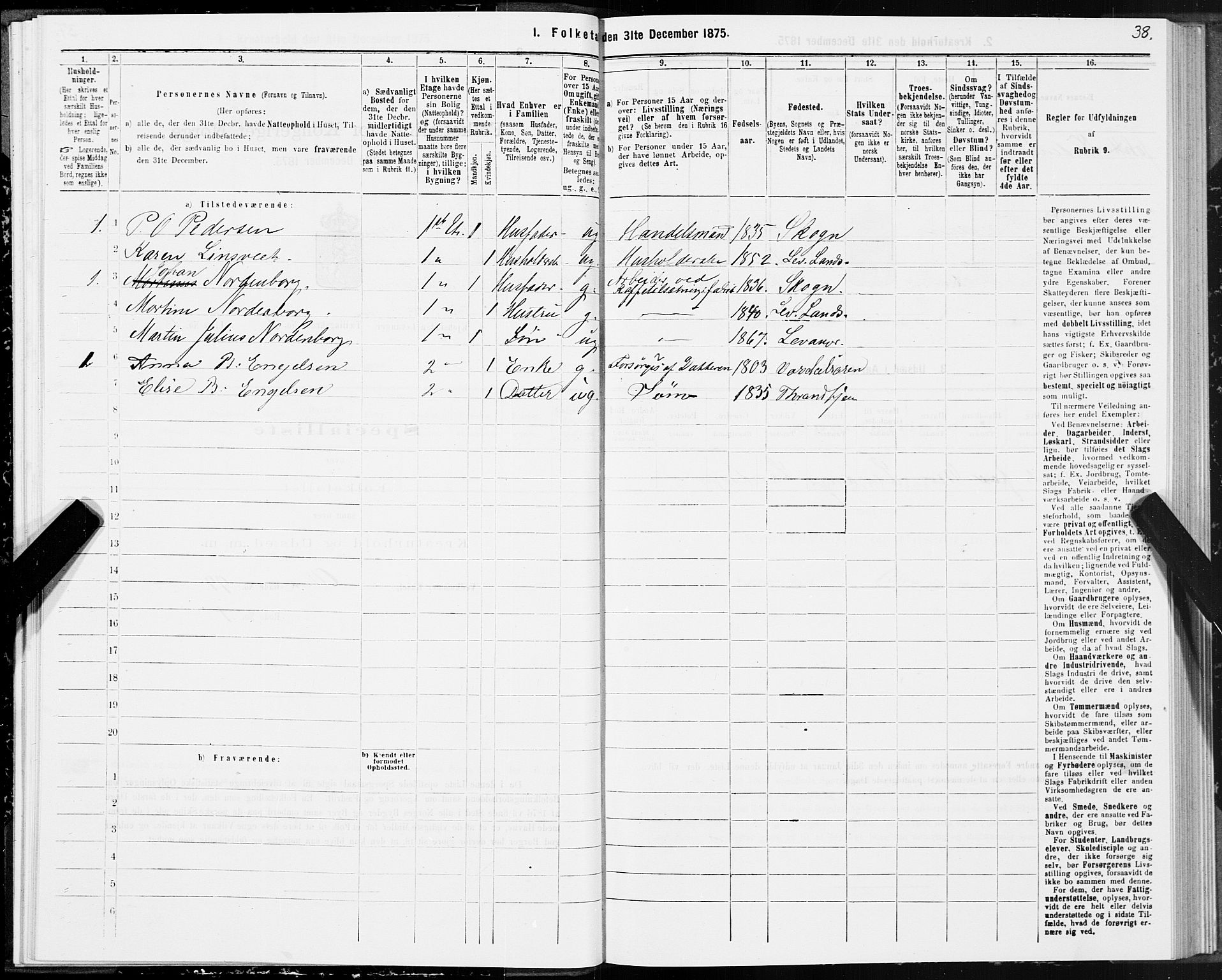 SAT, 1875 census for 1701B Levanger/Levanger, 1875, p. 38