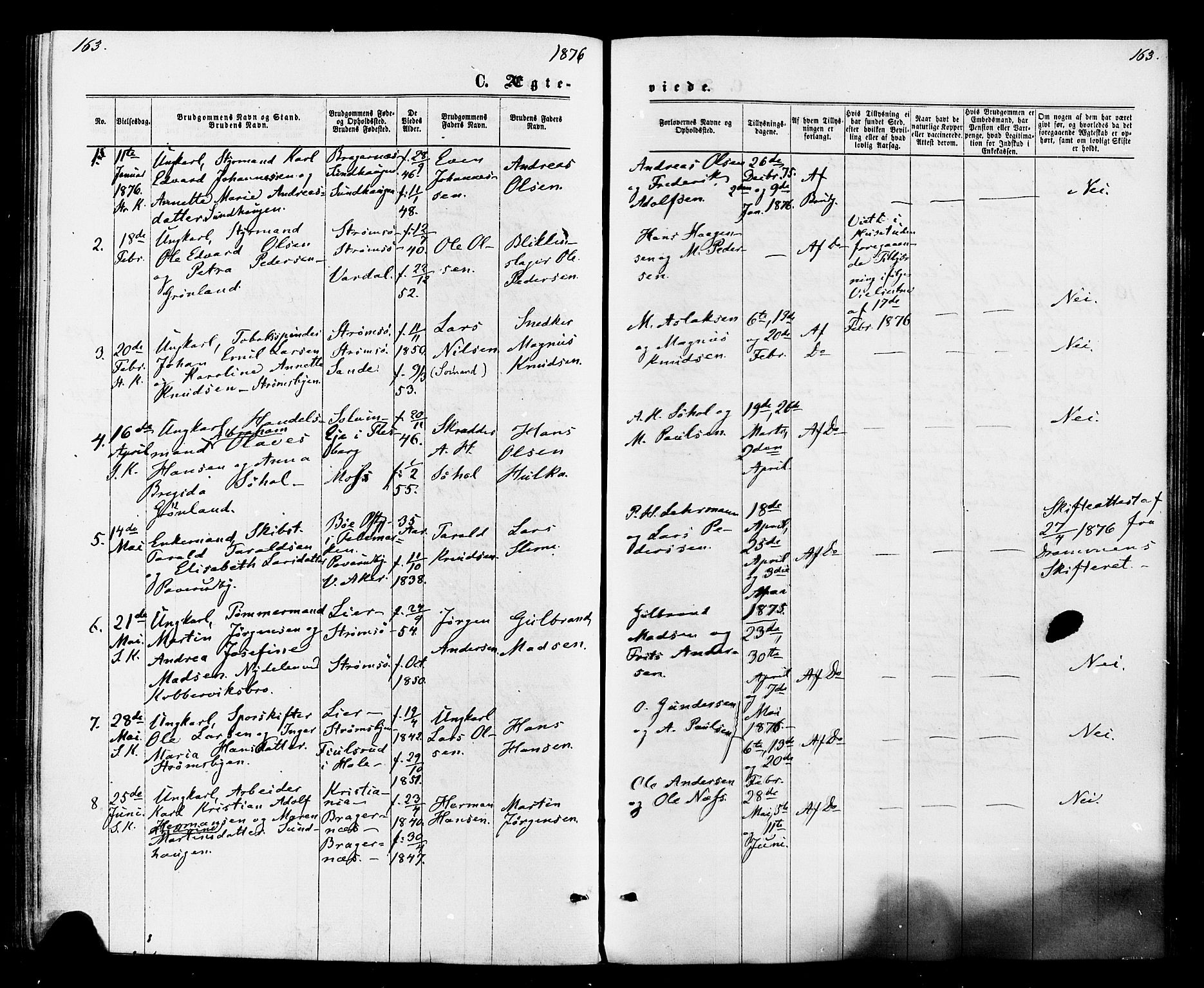 Strømsø kirkebøker, AV/SAKO-A-246/F/Fa/L0020: Parish register (official) no. I 20, 1870-1878, p. 163