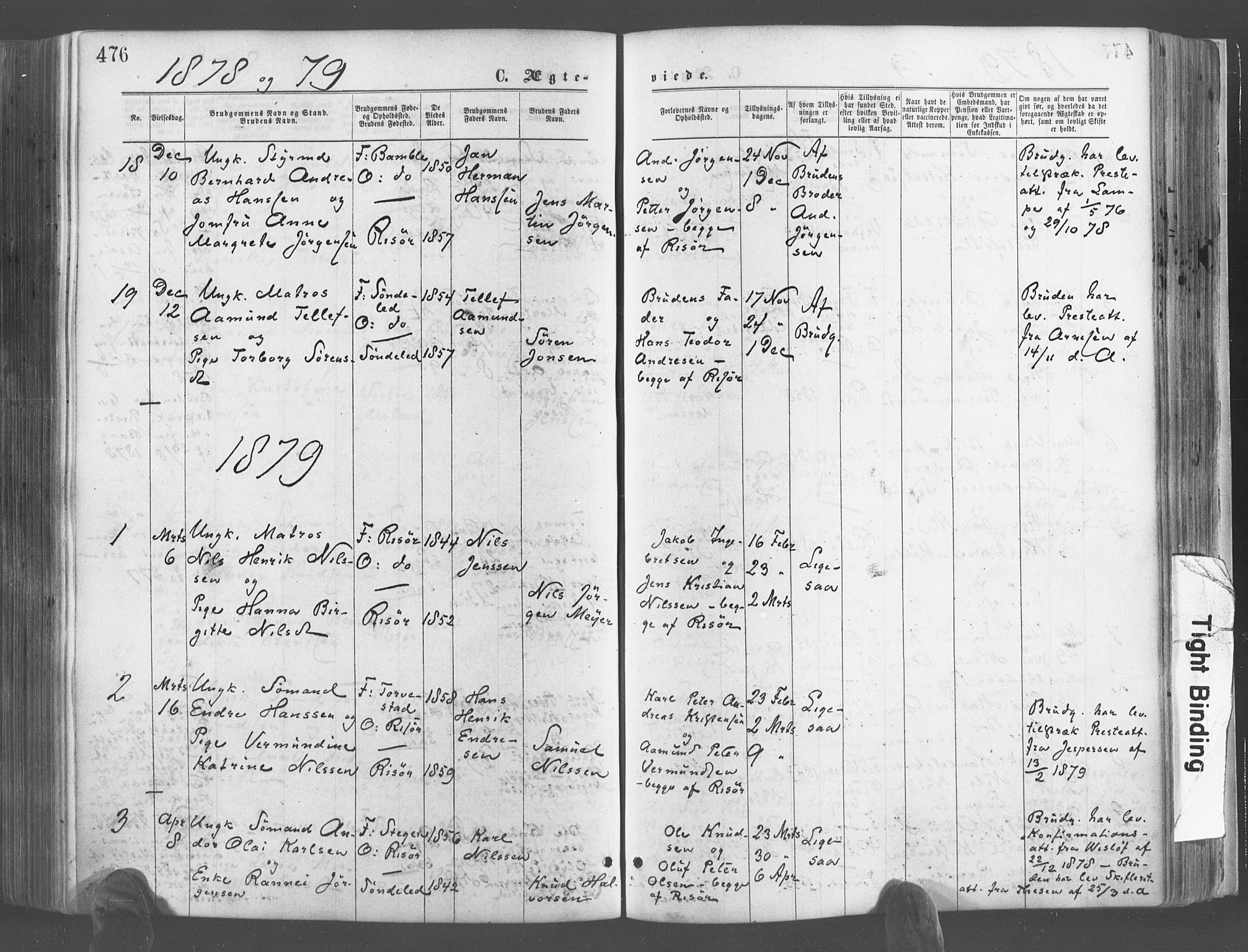 Risør sokneprestkontor, SAK/1111-0035/F/Fa/L0004: Parish register (official) no. A 4, 1865-1882, p. 476