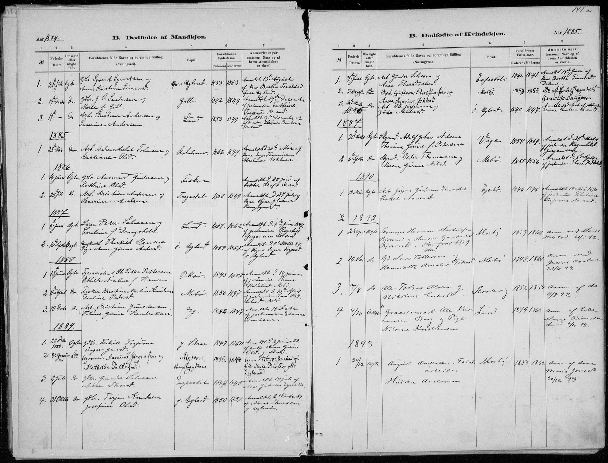 Oddernes sokneprestkontor, SAK/1111-0033/F/Fa/Faa/L0009: Parish register (official) no. A 9, 1884-1896, p. 141a