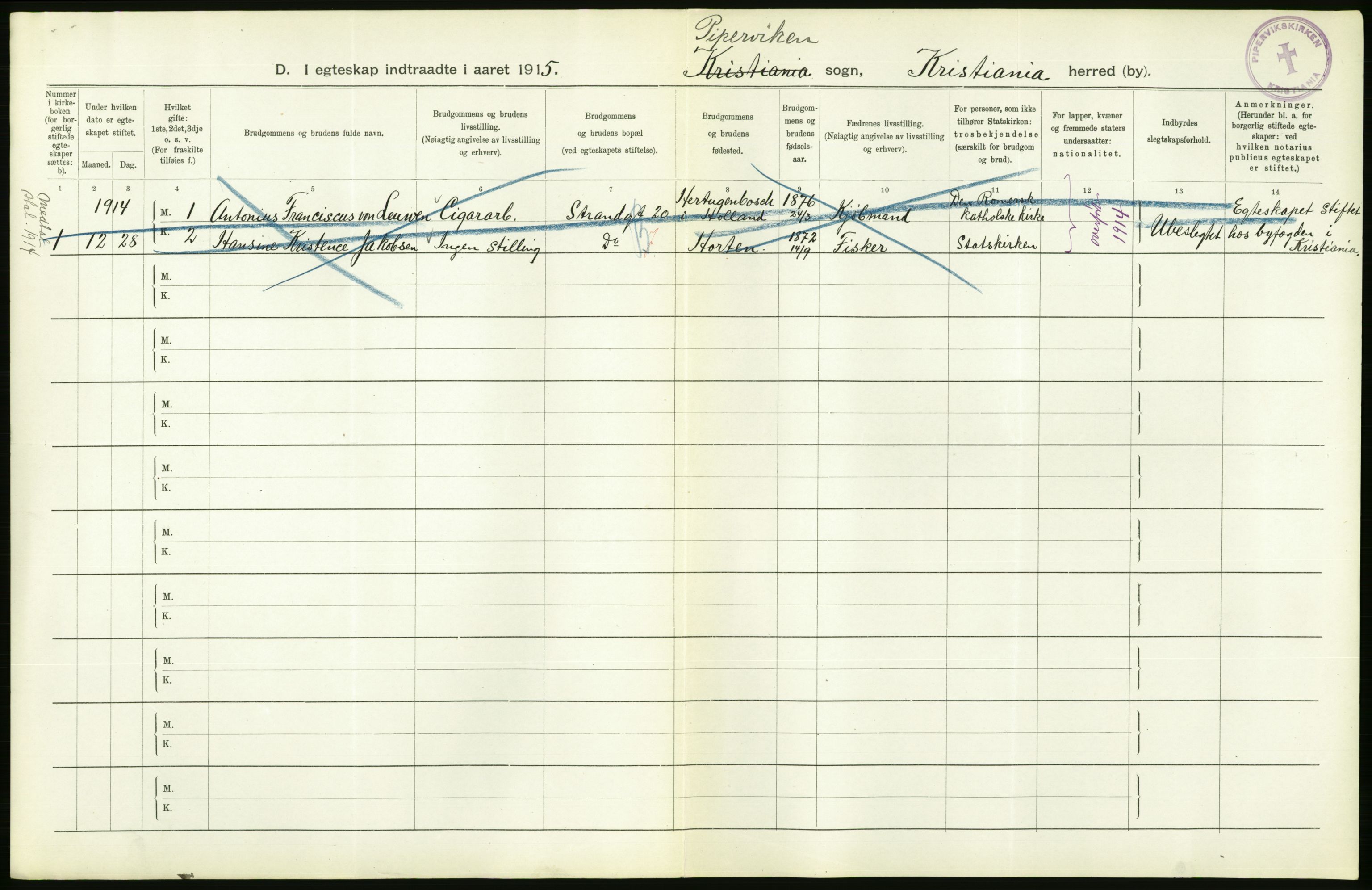 Statistisk sentralbyrå, Sosiodemografiske emner, Befolkning, RA/S-2228/D/Df/Dfb/Dfbe/L0008: Kristiania: Gifte., 1915, p. 668