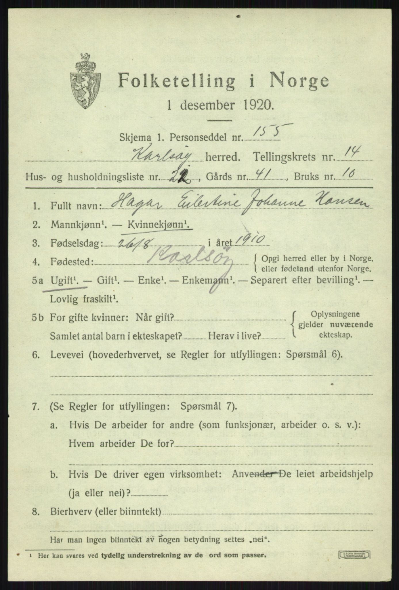 SATØ, 1920 census for Karlsøy, 1920, p. 5405