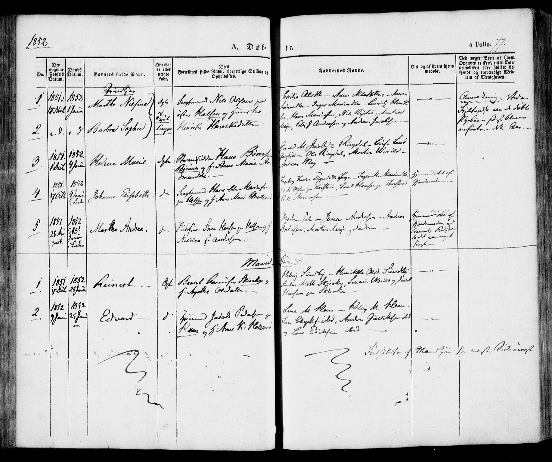 Tjølling kirkebøker, SAKO/A-60/F/Fa/L0006: Parish register (official) no. 6, 1835-1859, p. 77