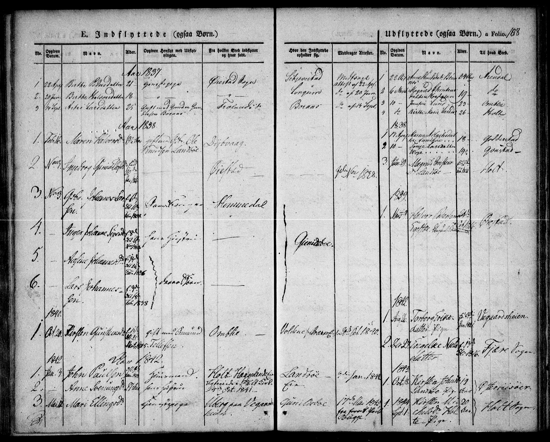 Austre Moland sokneprestkontor, SAK/1111-0001/F/Fa/Faa/L0006: Parish register (official) no. A 6, 1837-1846, p. 108