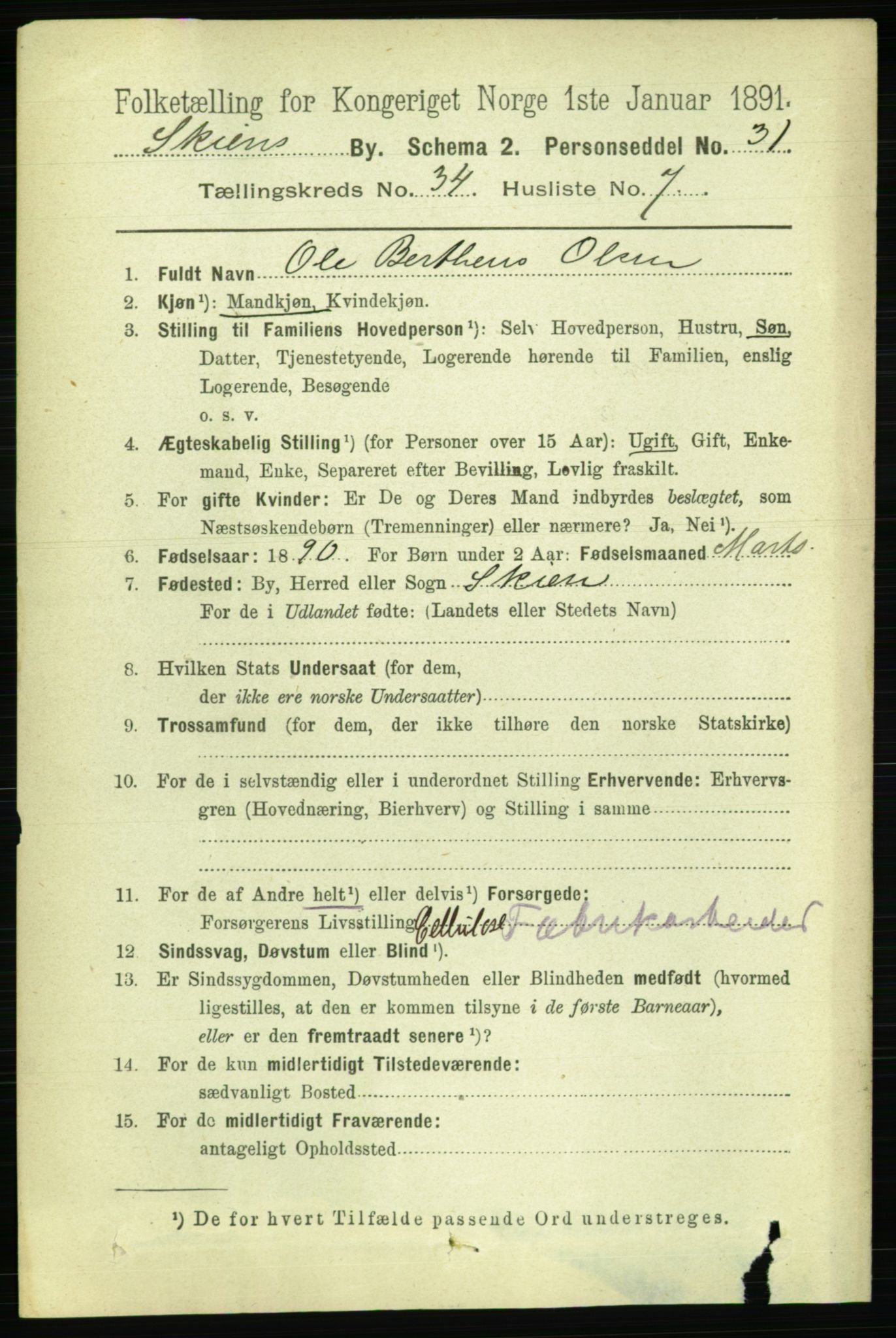 RA, 1891 census for 0806 Skien, 1891, p. 7812