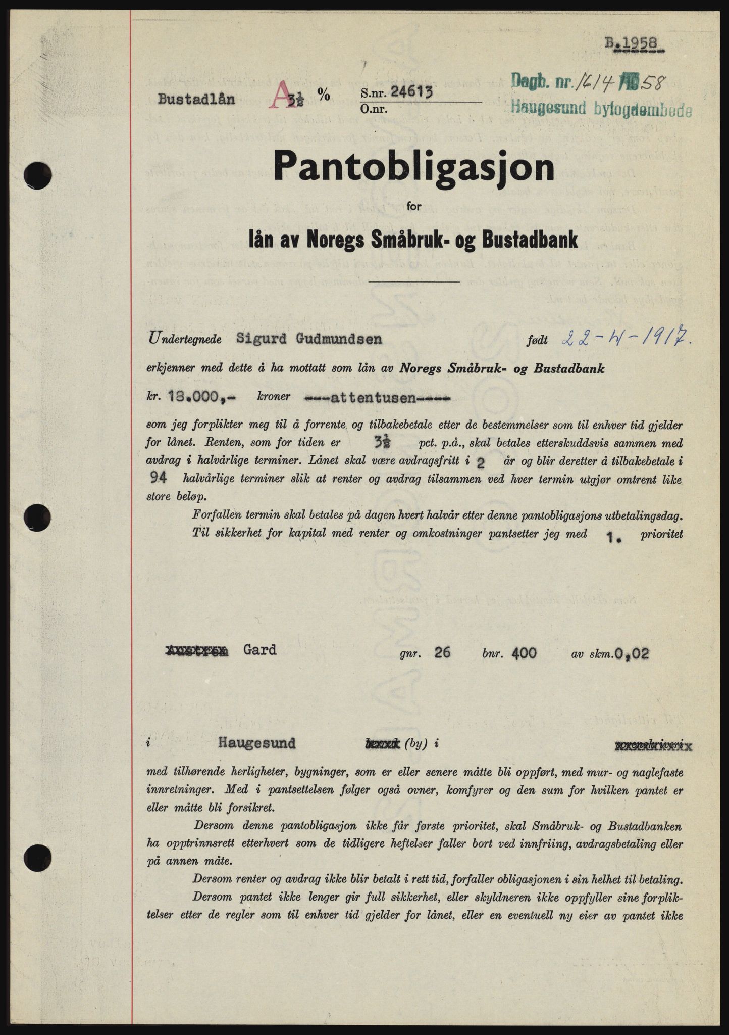 Haugesund tingrett, SAST/A-101415/01/II/IIC/L0044: Mortgage book no. B 44, 1958-1959, Diary no: : 1614/1958