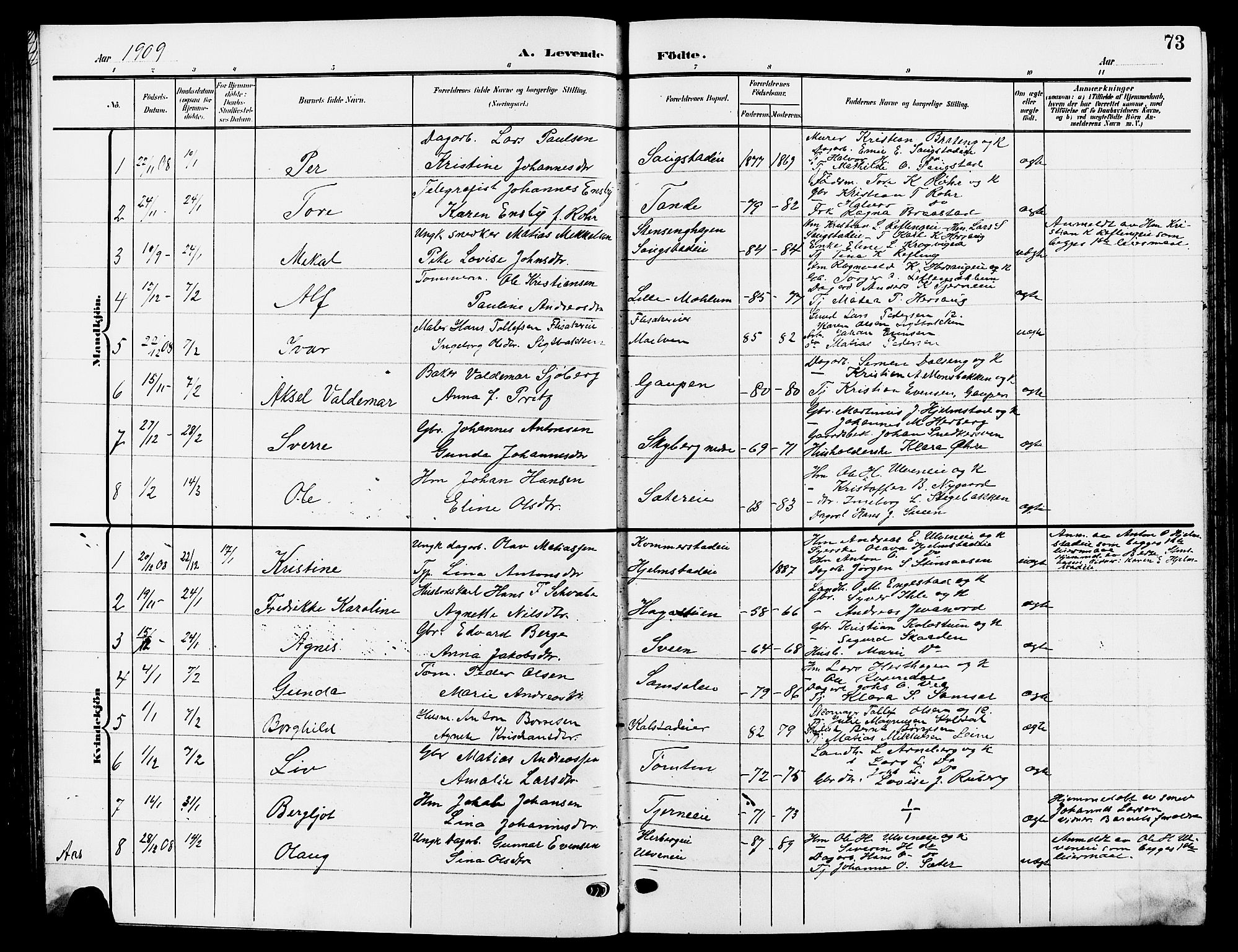 Ringsaker prestekontor, SAH/PREST-014/L/La/L0015: Parish register (copy) no. 15, 1903-1912, p. 73