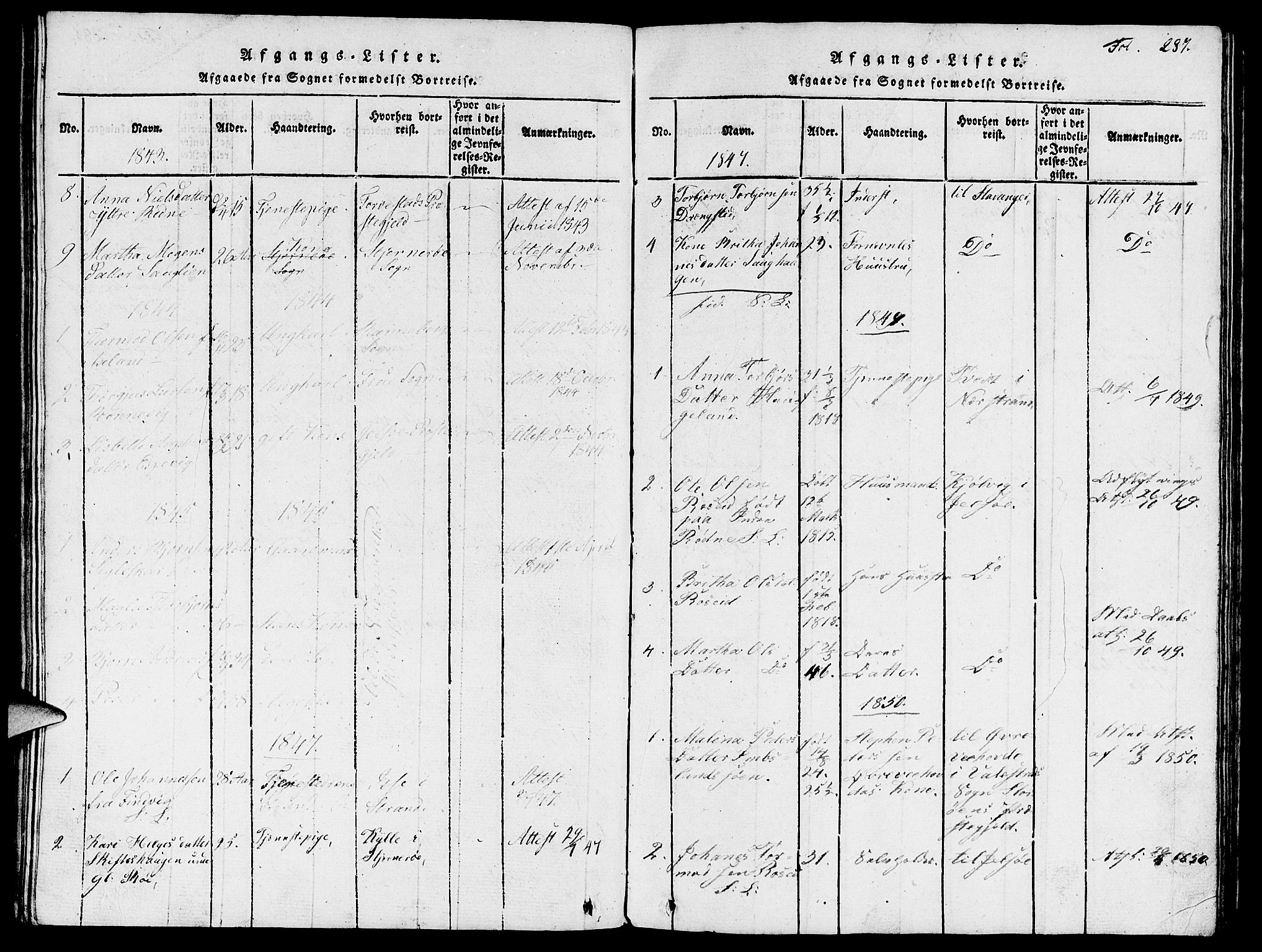 Vikedal sokneprestkontor, SAST/A-101840/01/V: Parish register (copy) no. B 3, 1816-1867, p. 287