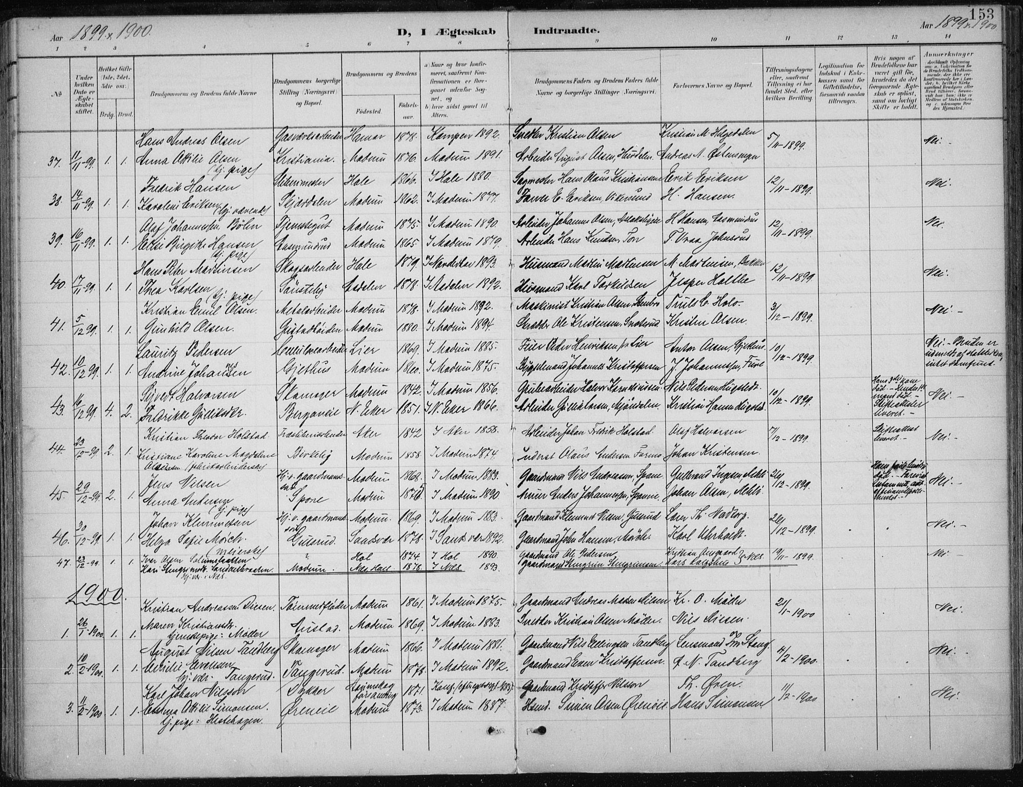 Modum kirkebøker, AV/SAKO-A-234/F/Fa/L0013: Parish register (official) no. 13, 1899-1907, p. 153