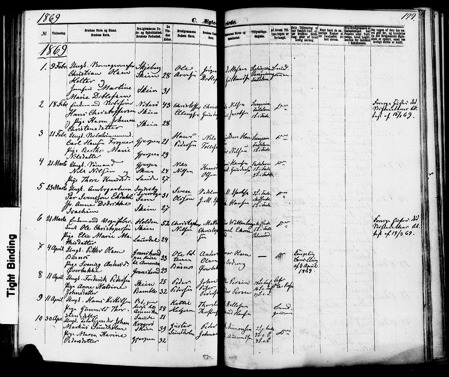 Skien kirkebøker, SAKO/A-302/F/Fa/L0008: Parish register (official) no. 8, 1866-1877, p. 199
