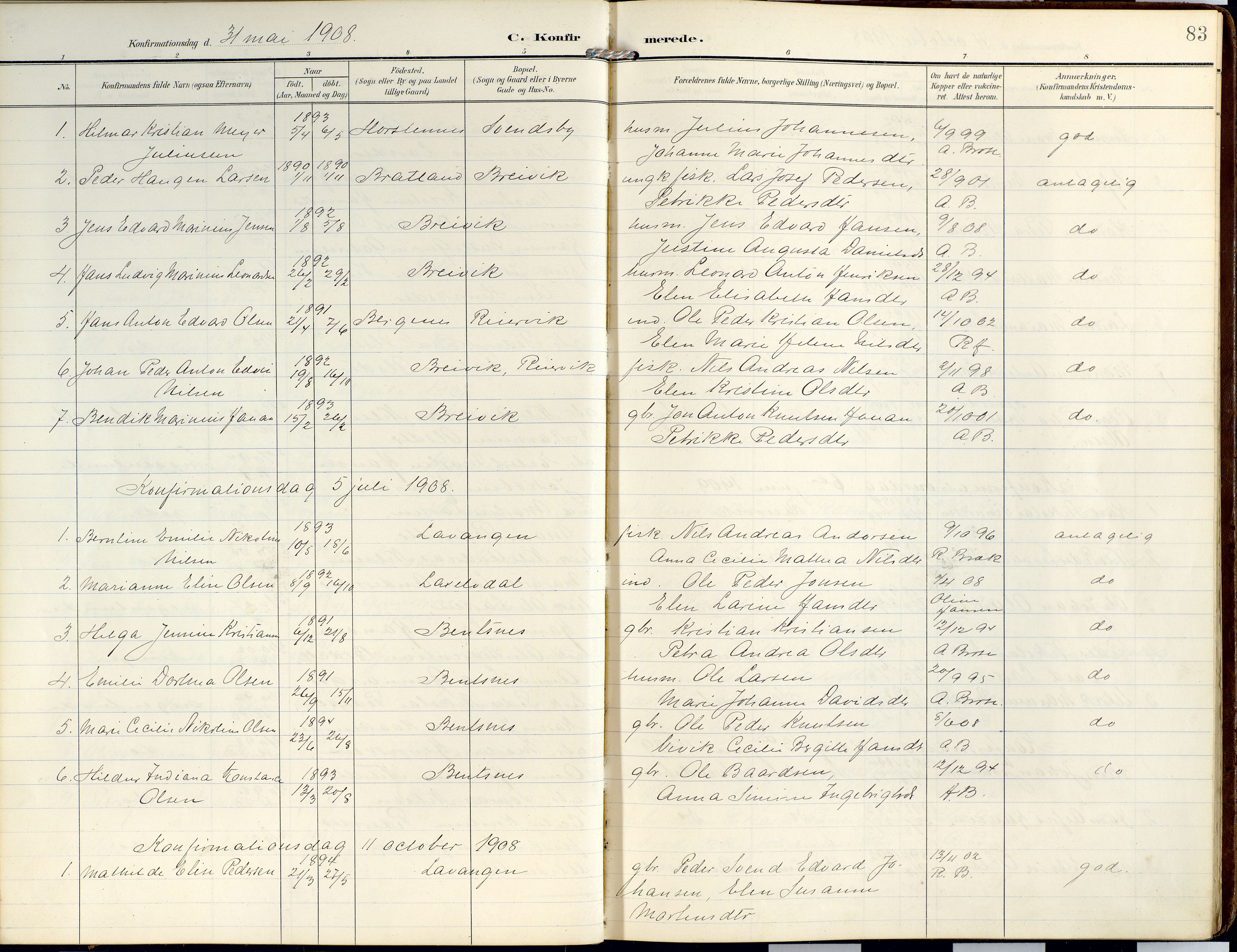 Lyngen sokneprestembete, SATØ/S-1289/H/He/Hea/L0014kirke: Parish register (official) no. 14, 1905-1920, p. 83