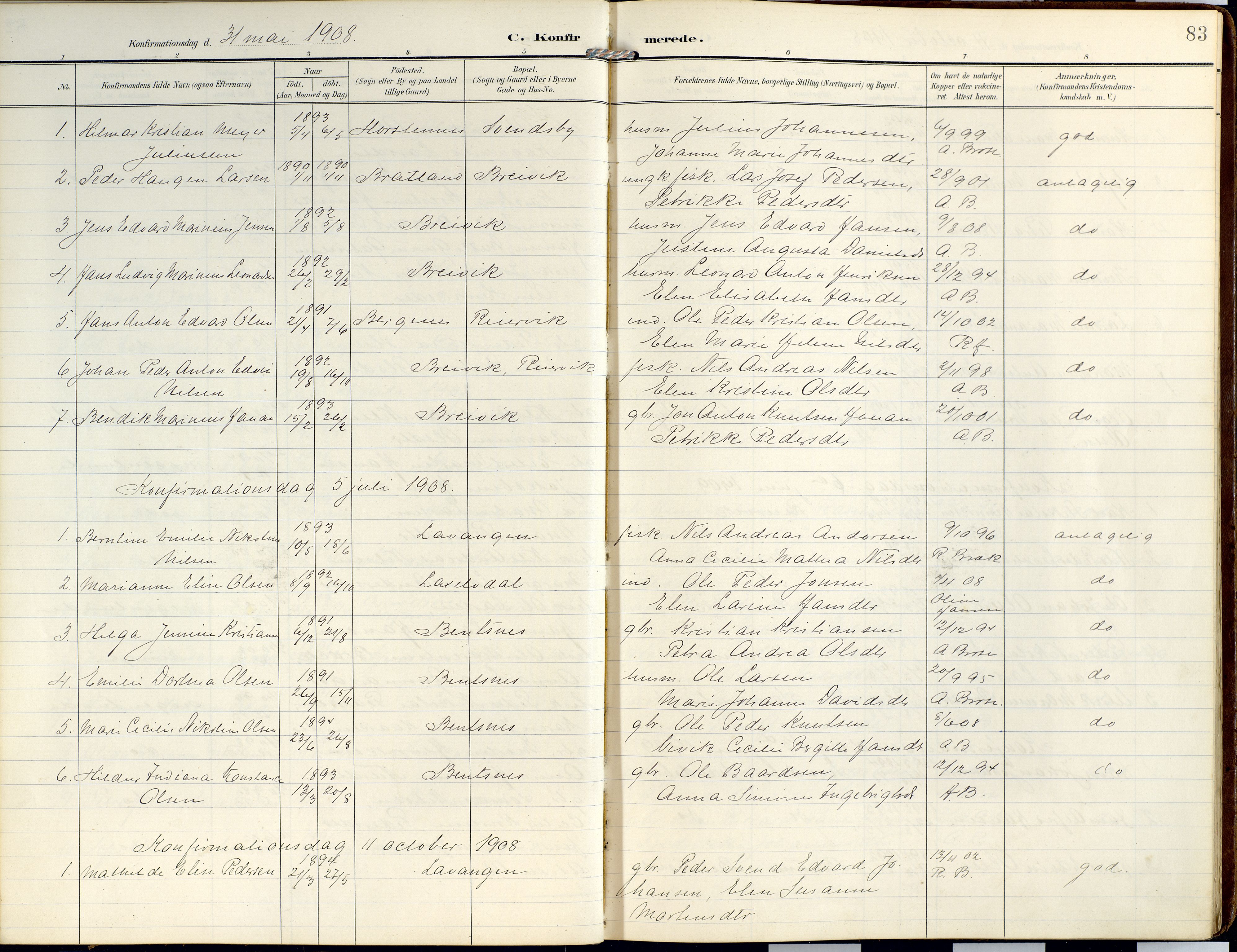 Lyngen sokneprestembete, AV/SATØ-S-1289/H/He/Hea/L0014kirke: Parish register (official) no. 14, 1905-1920, p. 83