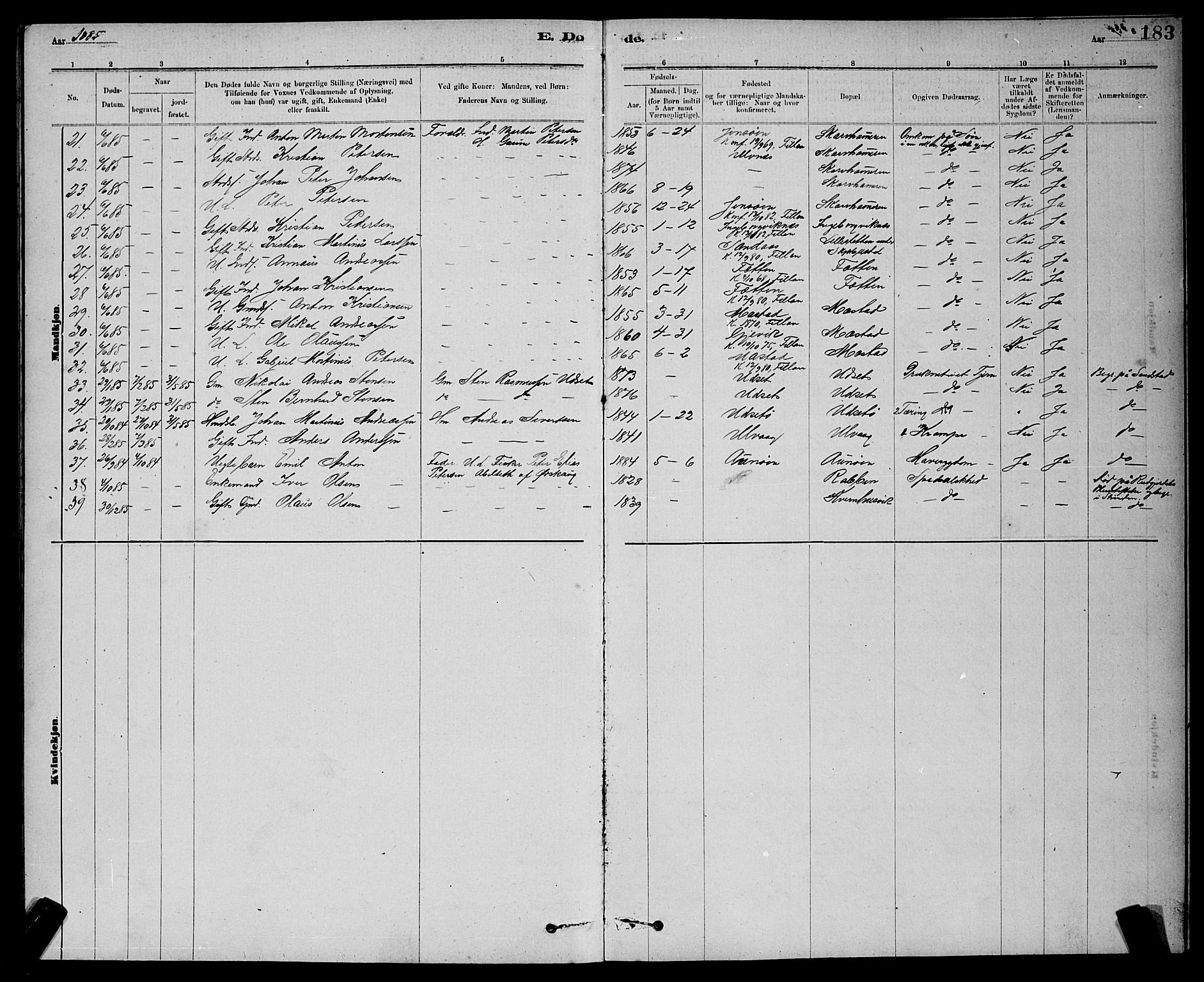 Ministerialprotokoller, klokkerbøker og fødselsregistre - Sør-Trøndelag, SAT/A-1456/637/L0562: Parish register (copy) no. 637C03, 1883-1898, p. 183