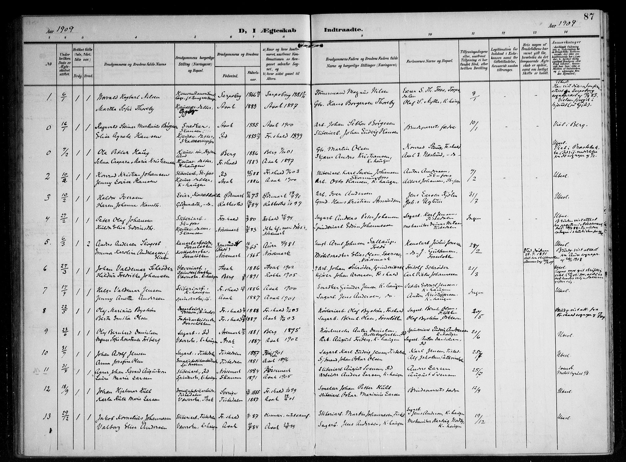 Berg prestekontor Kirkebøker, AV/SAO-A-10902/F/Fb/L0003: Parish register (official) no. II 3, 1903-1919, p. 87