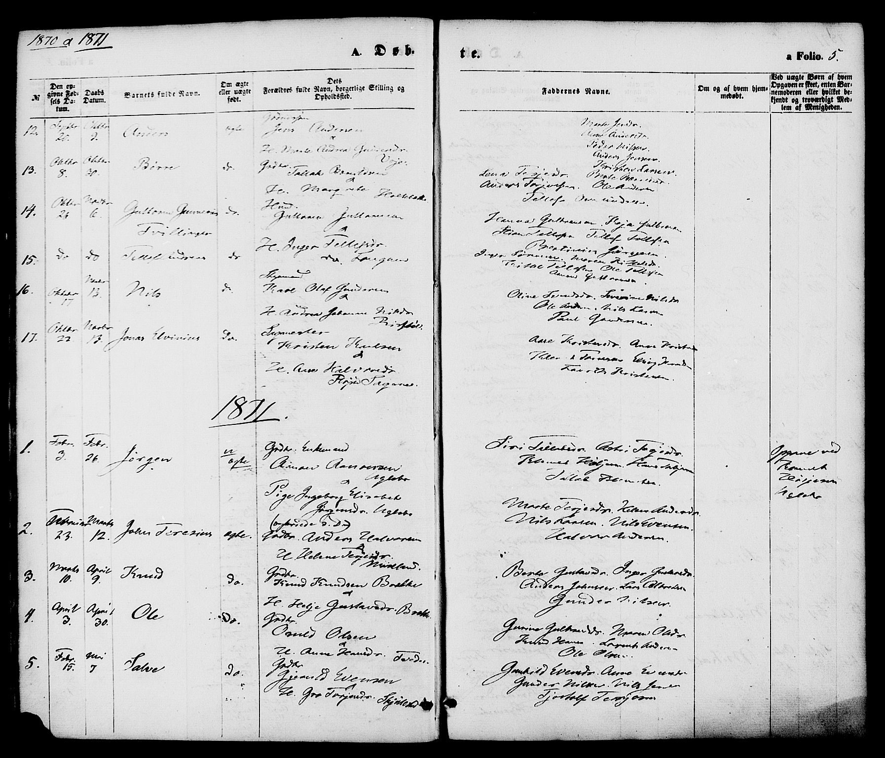 Austre Moland sokneprestkontor, AV/SAK-1111-0001/F/Fa/Faa/L0009: Parish register (official) no. A 9, 1869-1879, p. 5