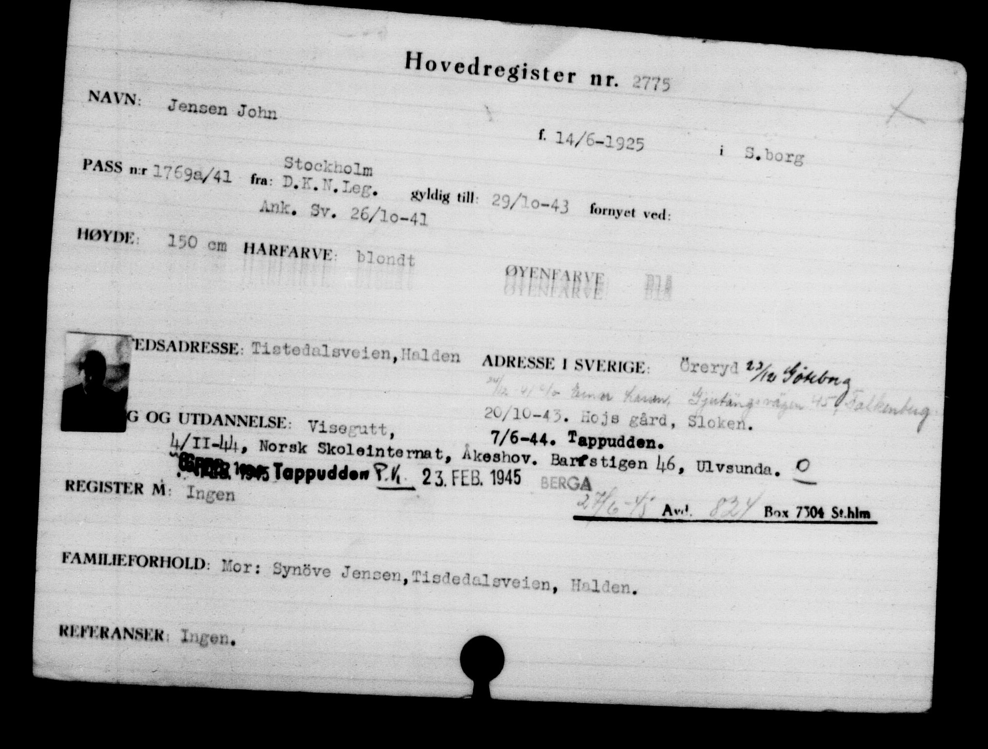 Den Kgl. Norske Legasjons Flyktningskontor, RA/S-6753/V/Va/L0003: Kjesäterkartoteket.  Flyktningenr. 2001-3495, 1940-1945, p. 1167