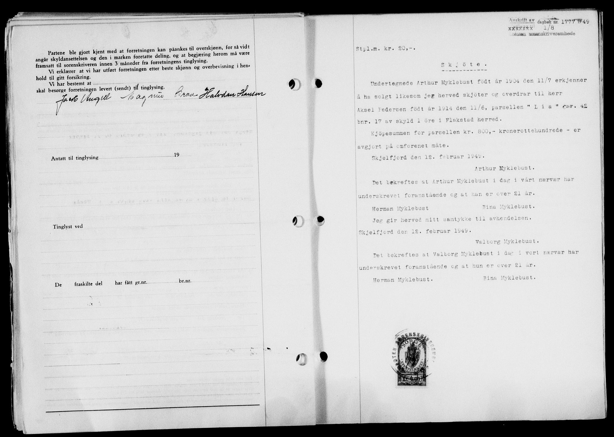 Lofoten sorenskriveri, SAT/A-0017/1/2/2C/L0021a: Mortgage book no. 21a, 1949-1949, Diary no: : 1777/1949
