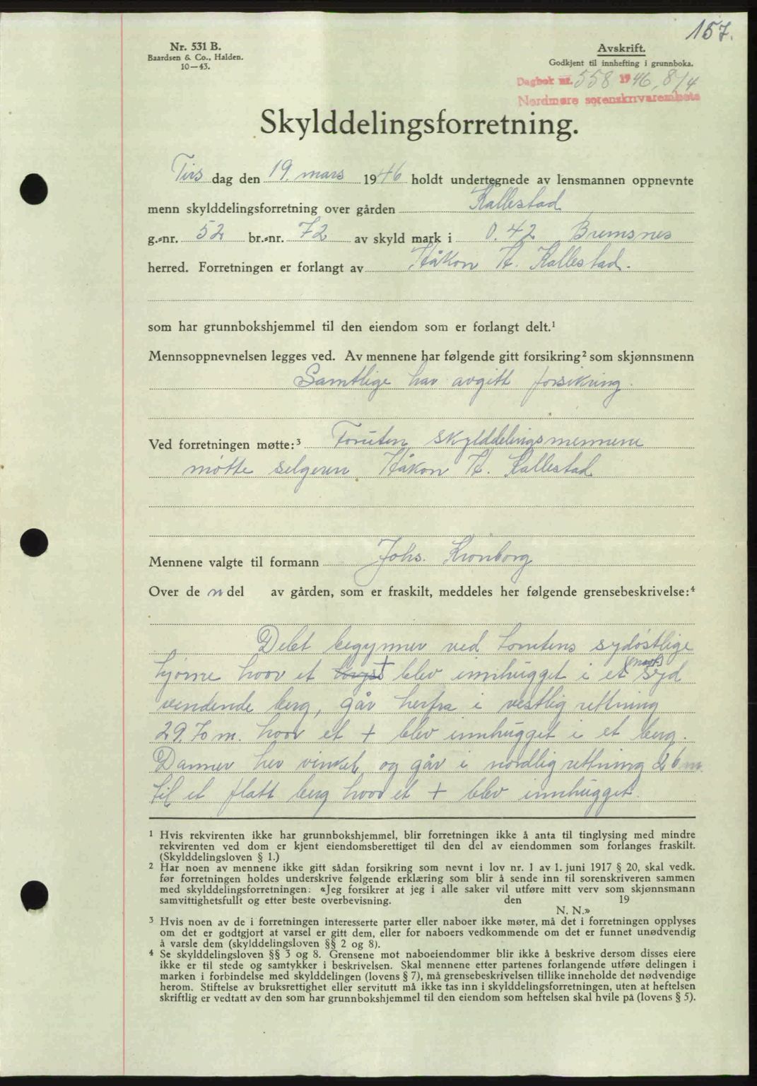 Nordmøre sorenskriveri, AV/SAT-A-4132/1/2/2Ca: Mortgage book no. A101, 1946-1946, Diary no: : 558/1946