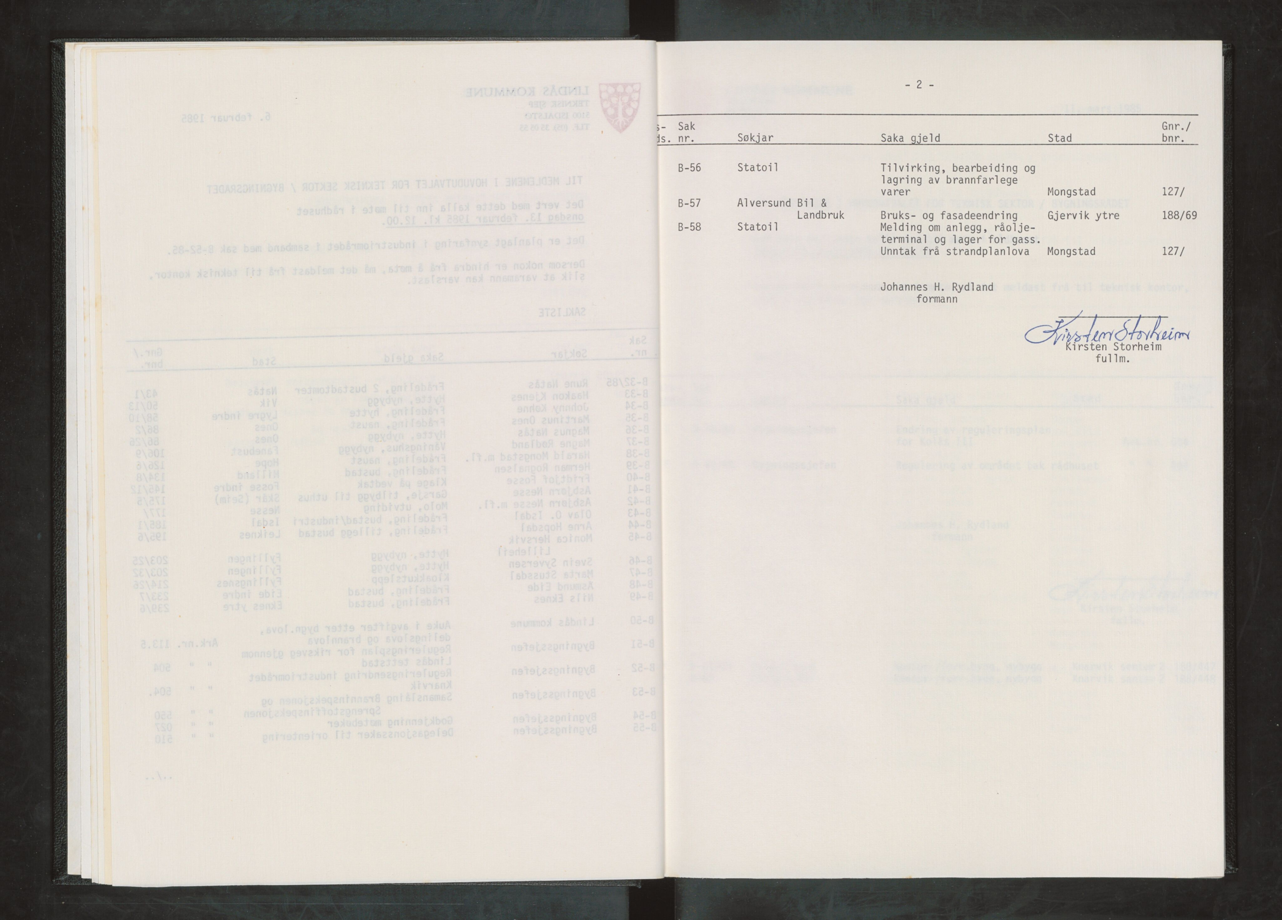 Lindås kommune. Bygningsrådet, IKAH/1263-511/A/Aa/L0054: Møtebok for Lindås bygningsråd, 1985