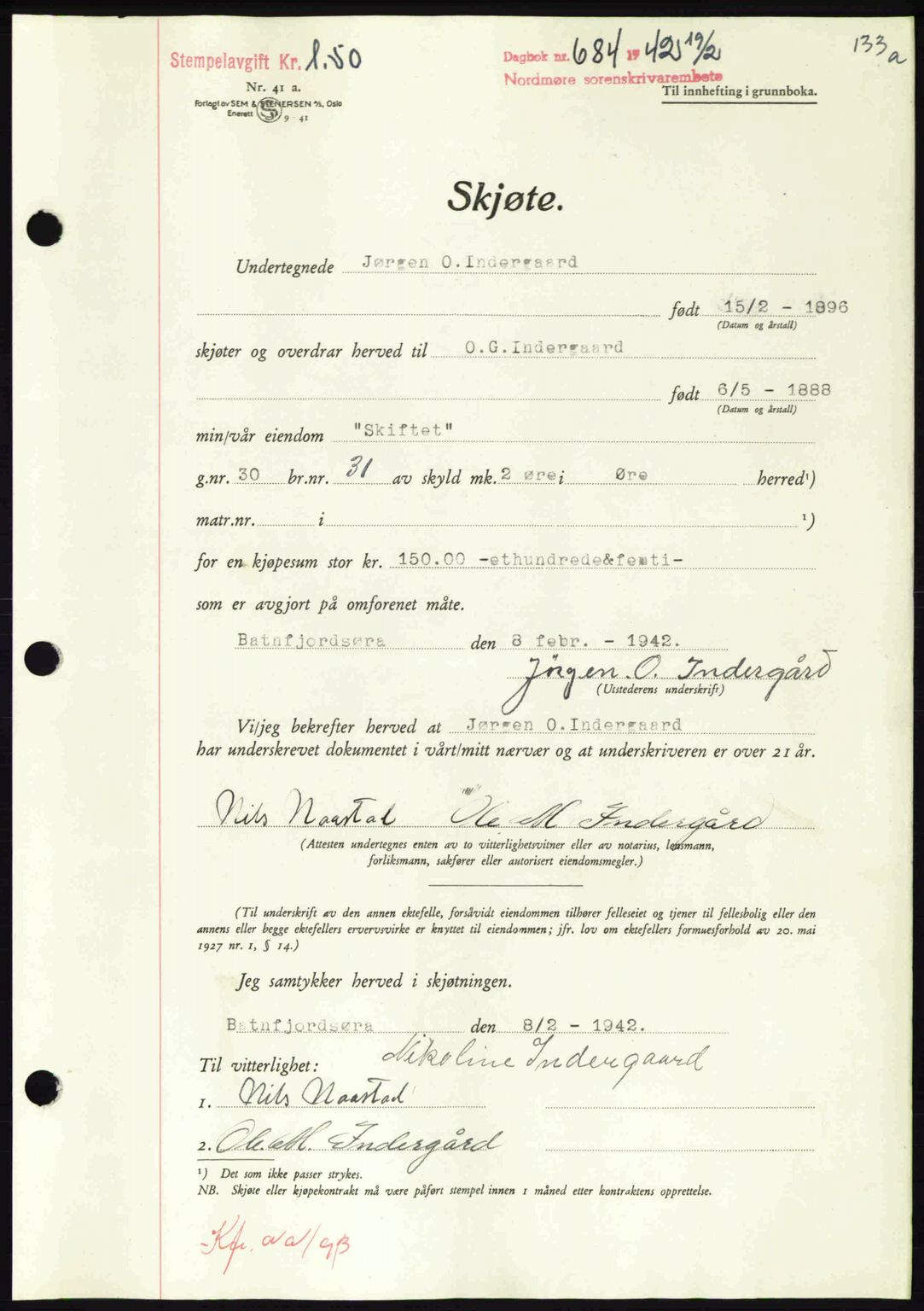 Nordmøre sorenskriveri, AV/SAT-A-4132/1/2/2Ca: Mortgage book no. A92, 1942-1942, Diary no: : 684/1942