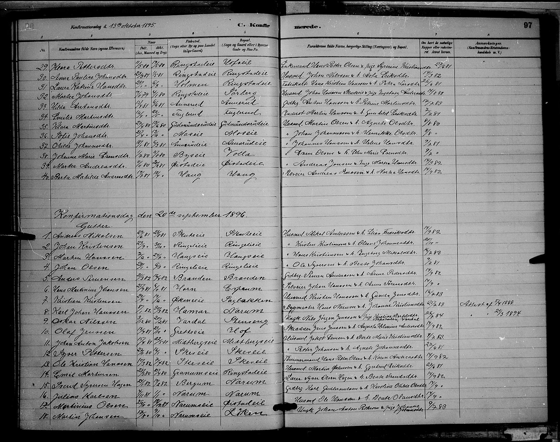 Søndre Land prestekontor, SAH/PREST-122/L/L0002: Parish register (copy) no. 2, 1884-1900, p. 97