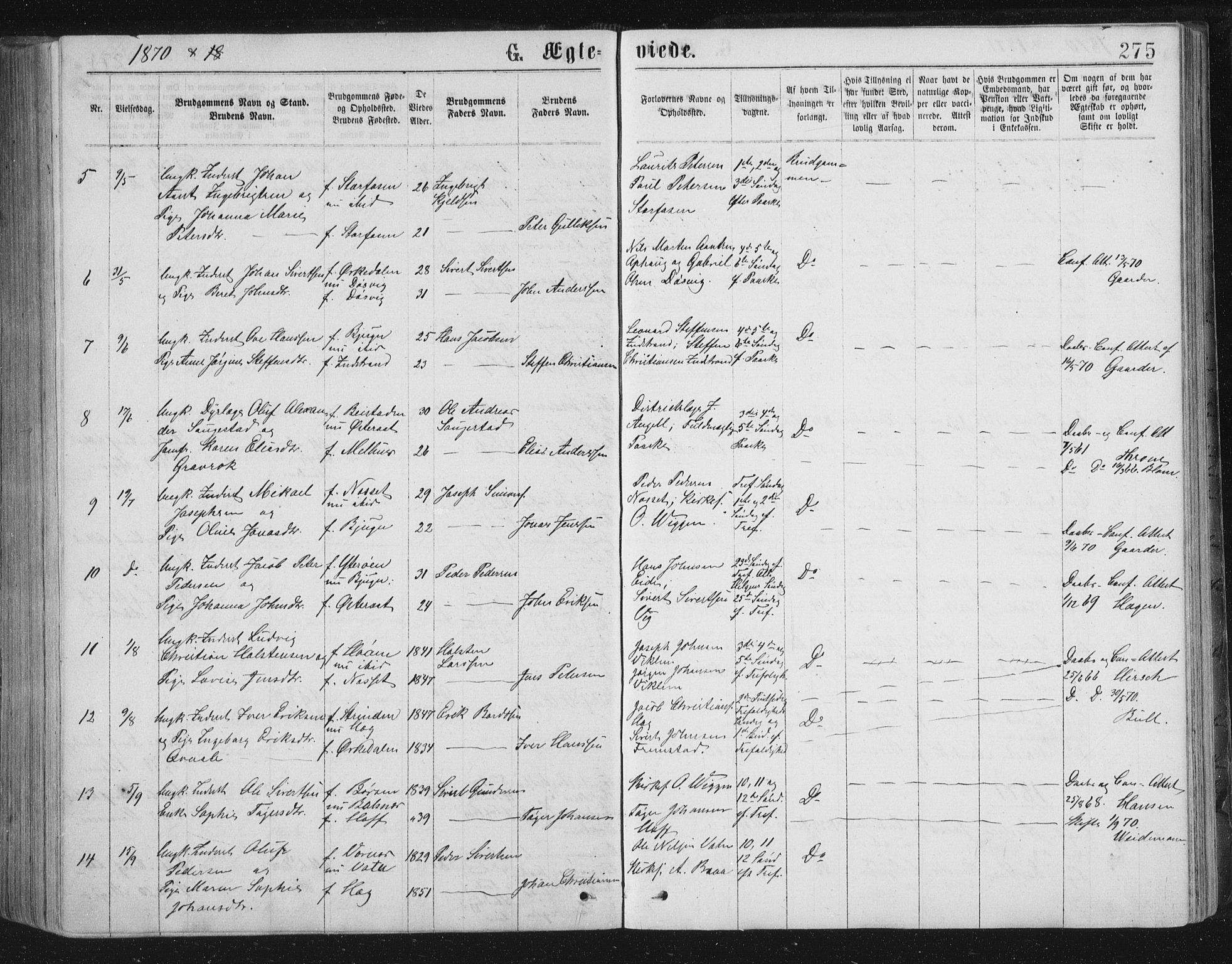 Ministerialprotokoller, klokkerbøker og fødselsregistre - Sør-Trøndelag, SAT/A-1456/659/L0745: Parish register (copy) no. 659C02, 1869-1892, p. 275
