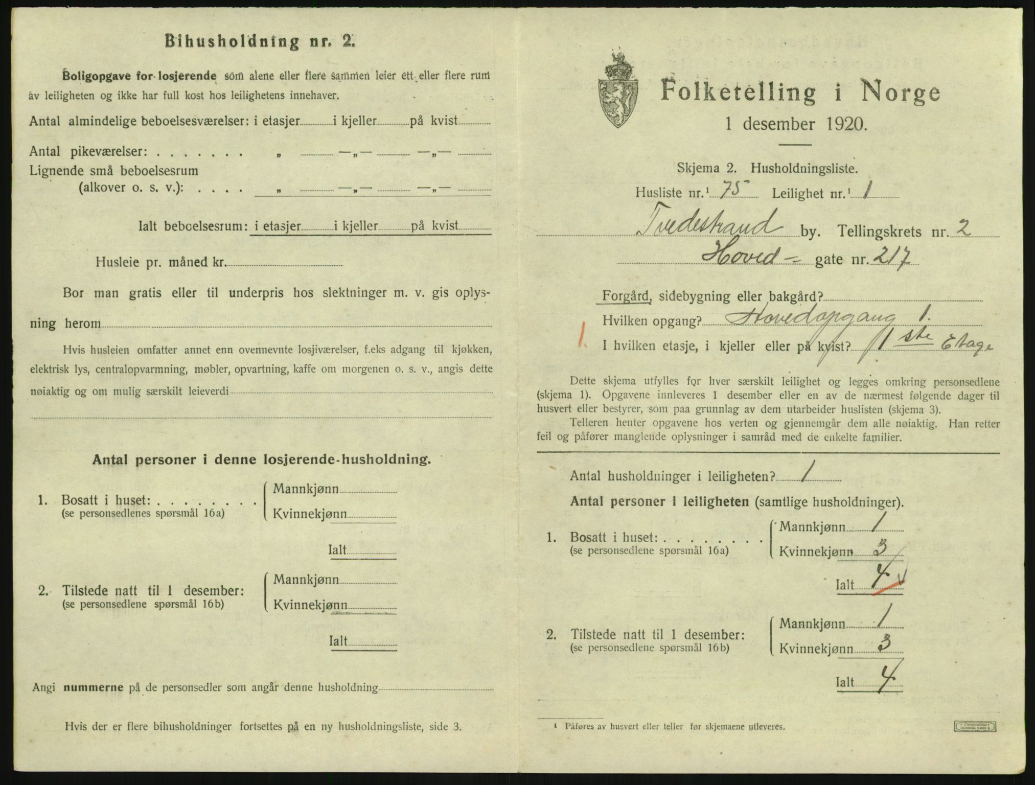 SAK, 1920 census for Tvedestrand, 1920, p. 1137