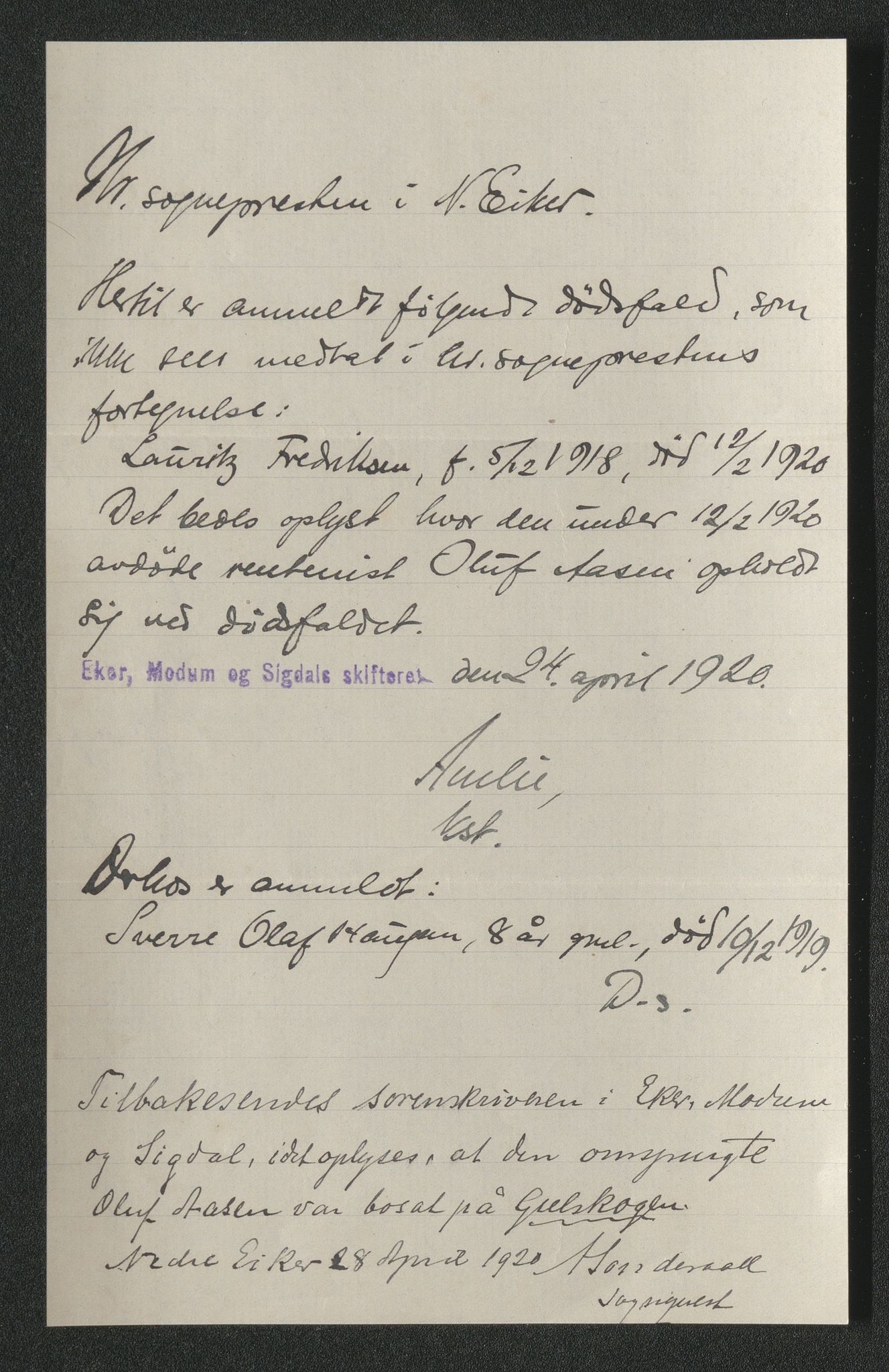 Eiker, Modum og Sigdal sorenskriveri, SAKO/A-123/H/Ha/Hab/L0040: Dødsfallsmeldinger, 1920-1921, p. 68