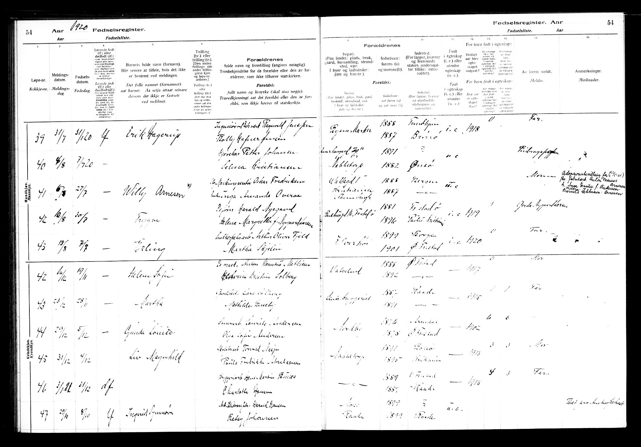 Østre Fredrikstad prestekontor Kirkebøker, AV/SAO-A-10907/J/Ja/L0001: Birth register no. 1, 1916-1936, p. 54