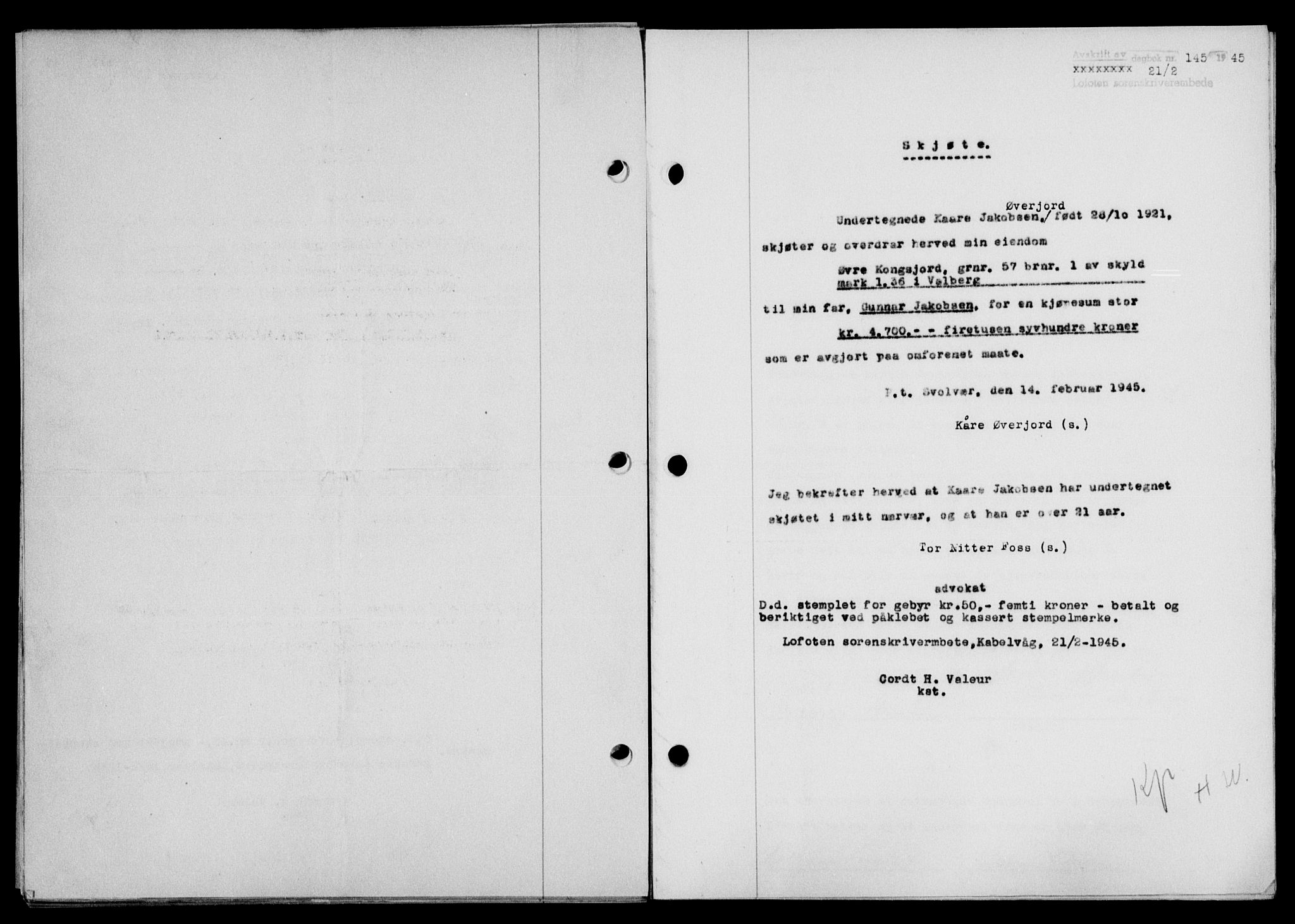 Lofoten sorenskriveri, SAT/A-0017/1/2/2C/L0013a: Mortgage book no. 13a, 1944-1946, Diary no: : 145/1945