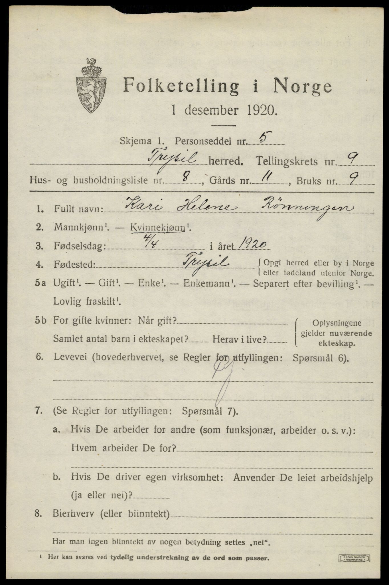 SAH, 1920 census for Trysil, 1920, p. 6639