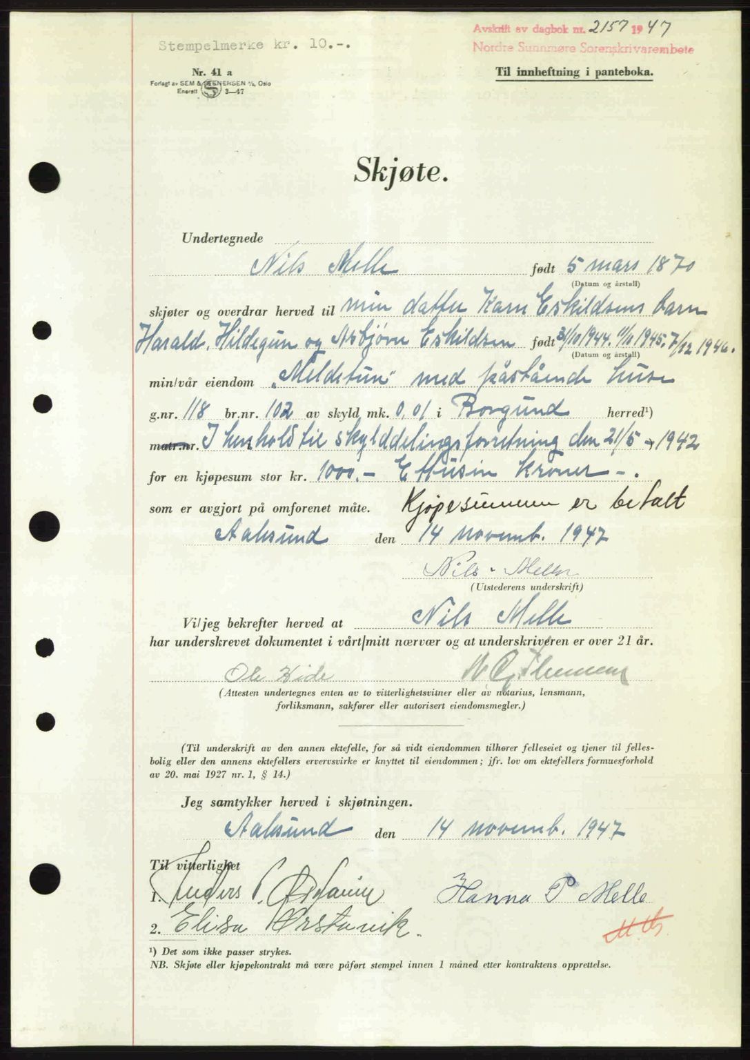 Nordre Sunnmøre sorenskriveri, AV/SAT-A-0006/1/2/2C/2Ca: Mortgage book no. A26, 1947-1948, Diary no: : 2157/1947