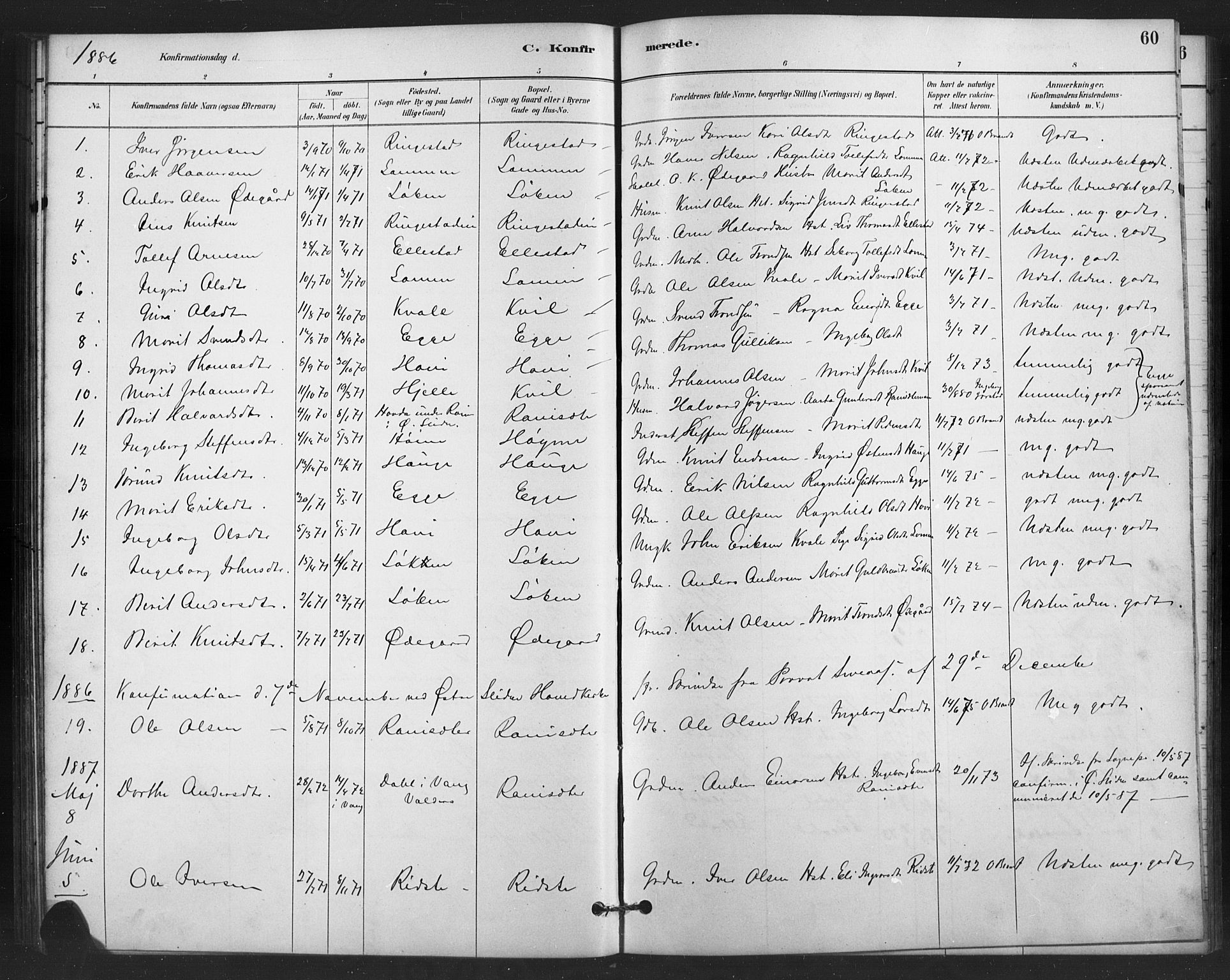 Vestre Slidre prestekontor, SAH/PREST-136/H/Ha/Hab/L0006: Parish register (copy) no. 6, 1881-1915, p. 60