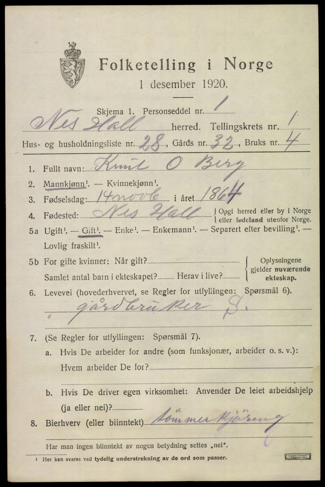 SAKO, 1920 census for Nes (Buskerud), 1920, p. 1268