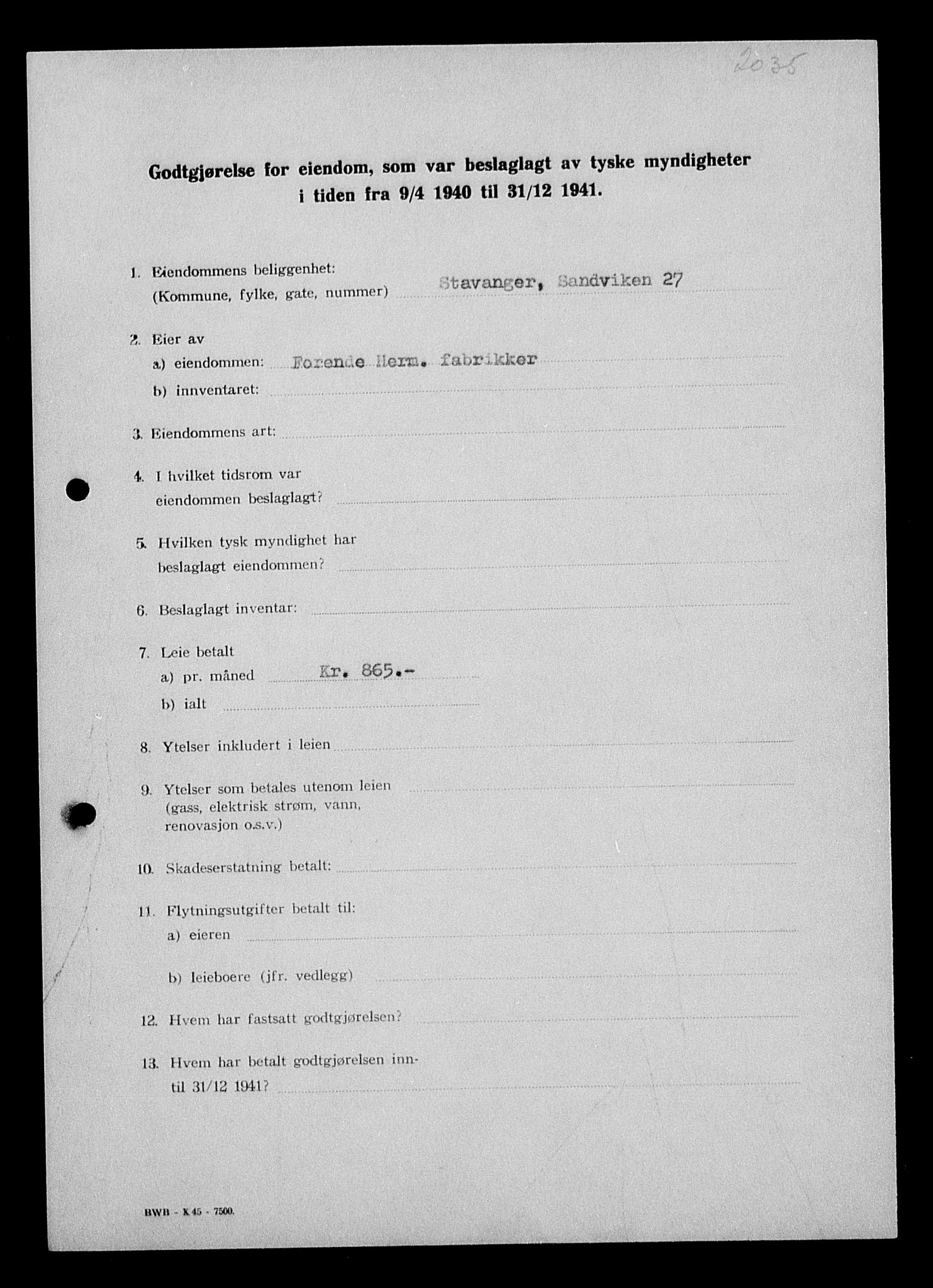 Justisdepartementet, Tilbakeføringskontoret for inndratte formuer, AV/RA-S-1564/I/L1014: Godtgjørelse for beslaglagt eiendom, 1940-1941, p. 34