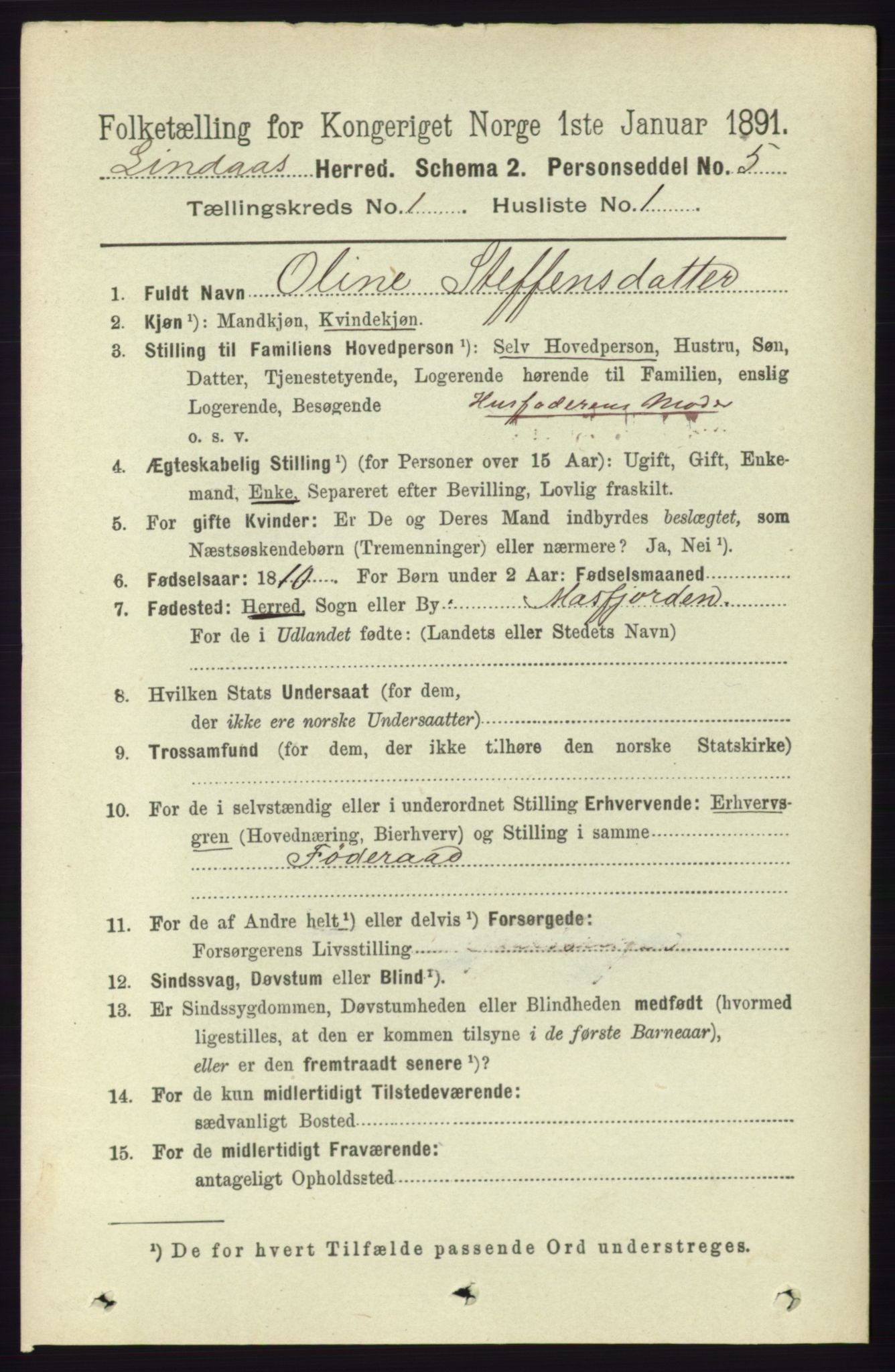 RA, 1891 census for 1263 Lindås, 1891, p. 96