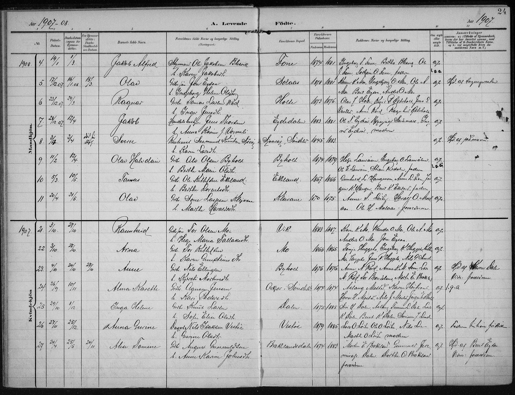 Gjerstad sokneprestkontor, AV/SAK-1111-0014/F/Fa/Faa/L0011: Parish register (official) no. A 11, 1903-1914, p. 24