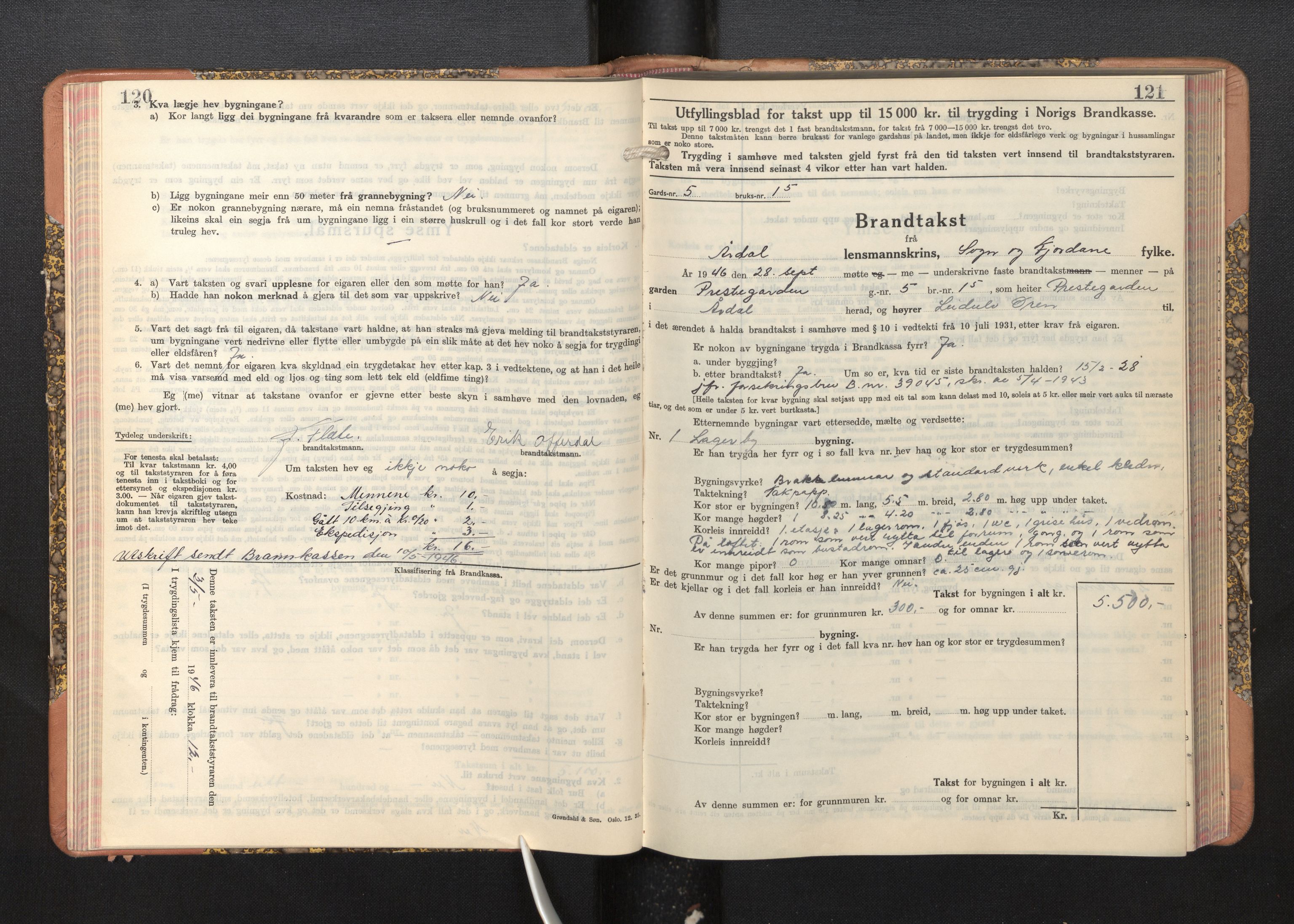 Lensmannen i Årdal, AV/SAB-A-30501/0012/L0011: Branntakstprotokoll, skjematakst, 1939-1948, p. 120-121