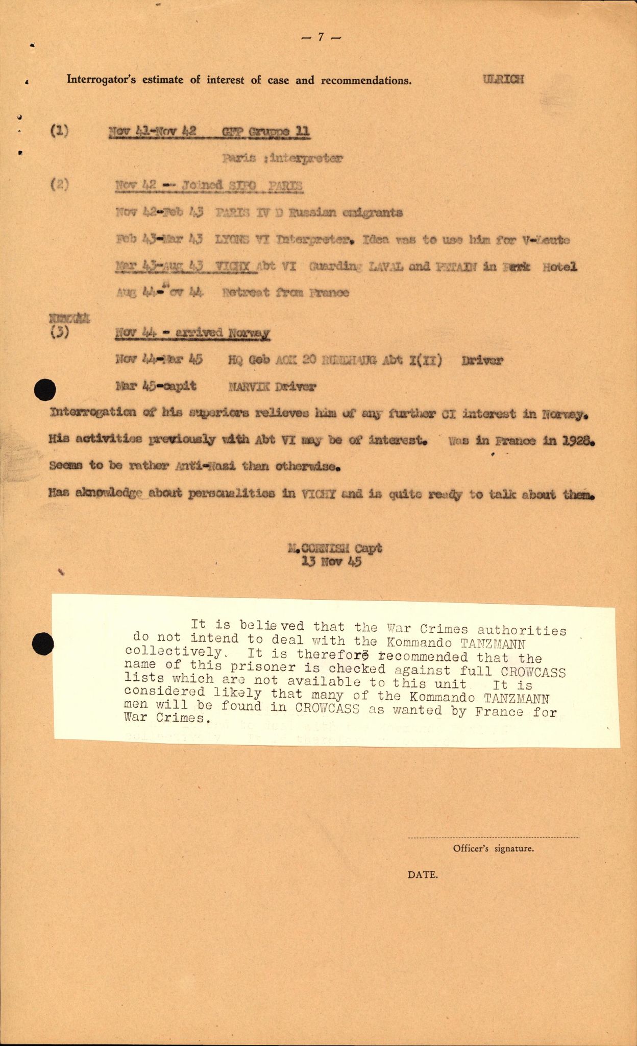 Forsvaret, Forsvarets overkommando II, RA/RAFA-3915/D/Db/L0034: CI Questionaires. Tyske okkupasjonsstyrker i Norge. Tyskere., 1945-1946, p. 173