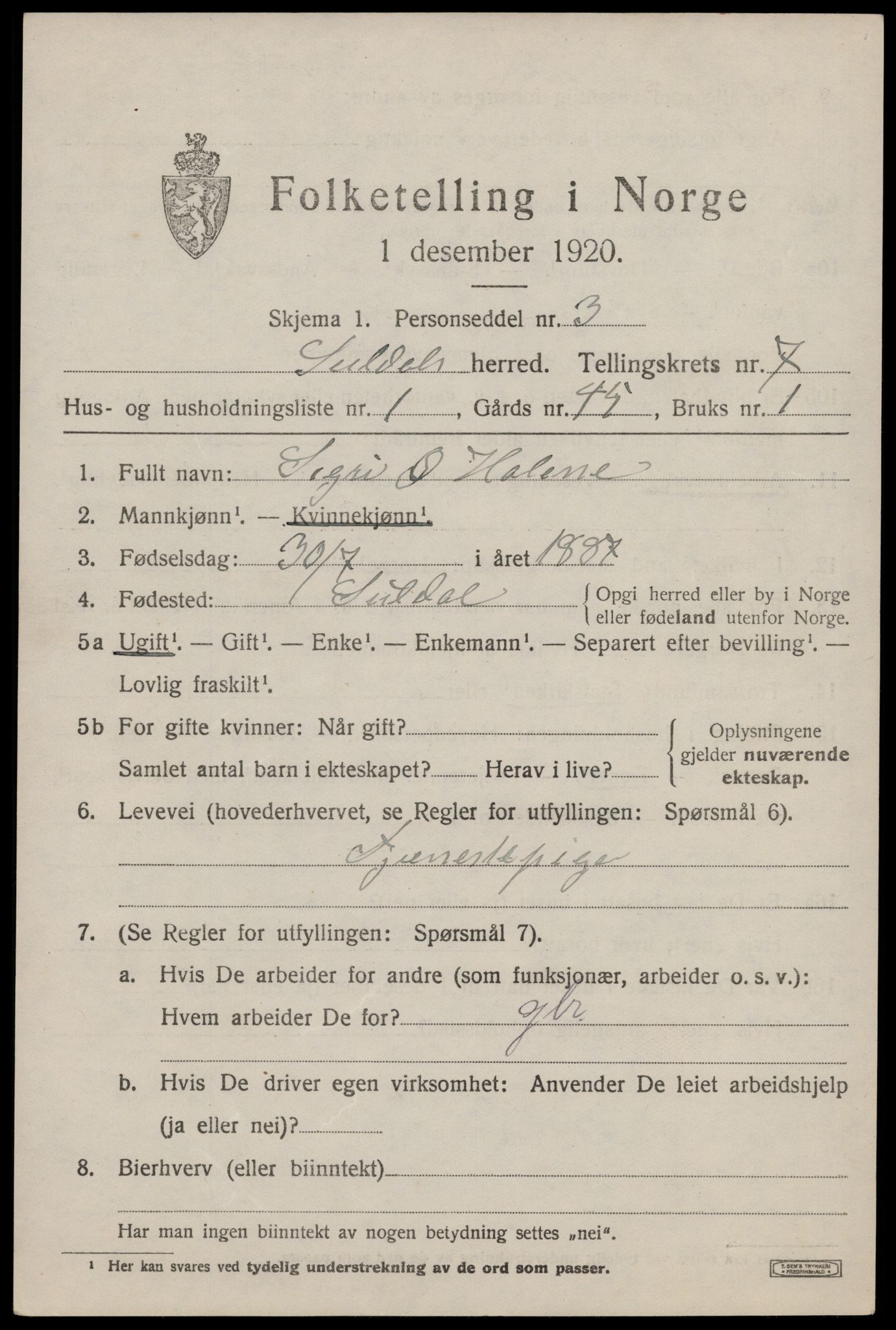 SAST, 1920 census for Suldal, 1920, p. 1752