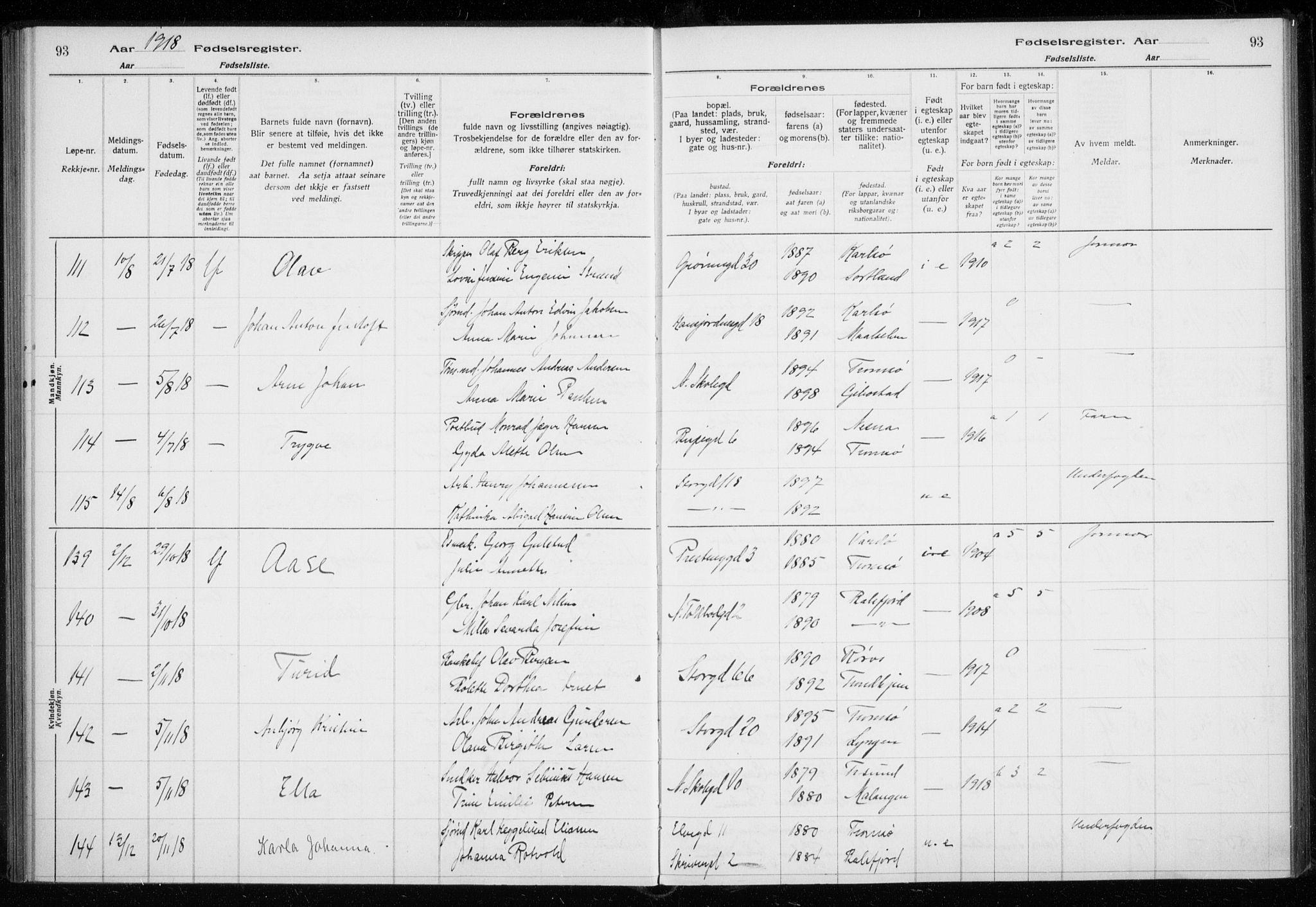 Tromsø sokneprestkontor/stiftsprosti/domprosti, SATØ/S-1343/H/Ha/L0131: Birth register no. 131, 1916-1921, p. 93