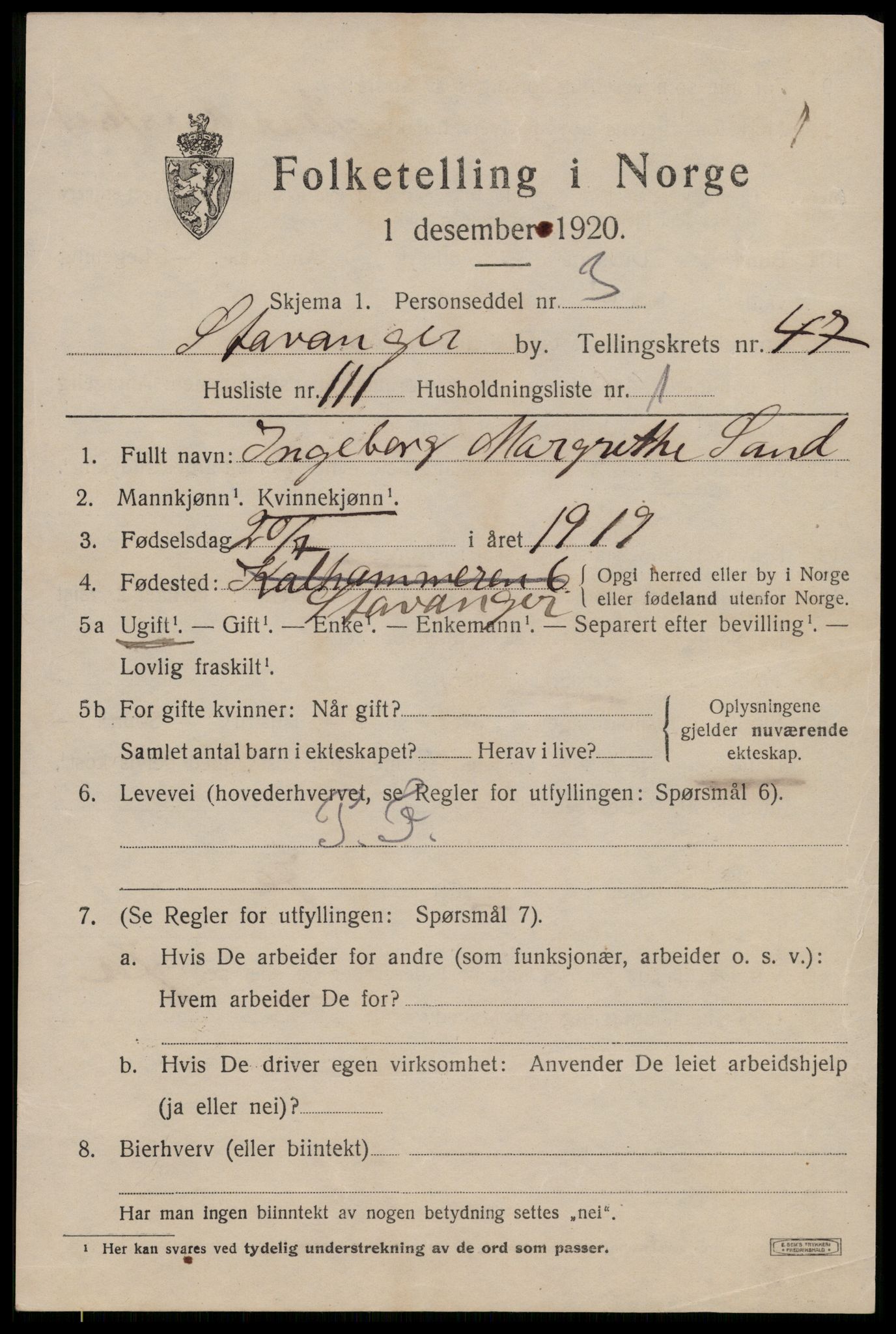 SAST, 1920 census for Stavanger, 1920, p. 115294