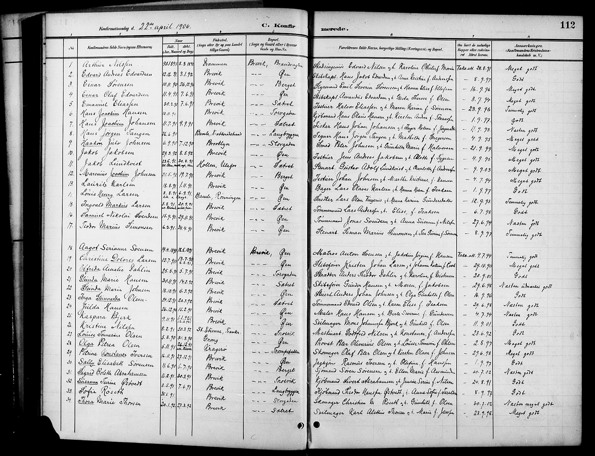 Brevik kirkebøker, SAKO/A-255/G/Ga/L0005: Parish register (copy) no. 5, 1901-1924, p. 112