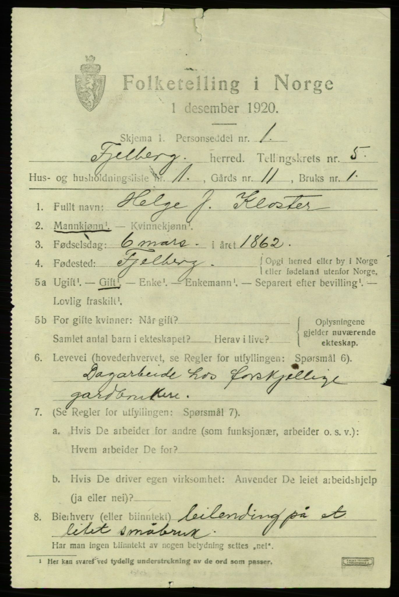 SAB, 1920 census for Fjelberg, 1920, p. 1563