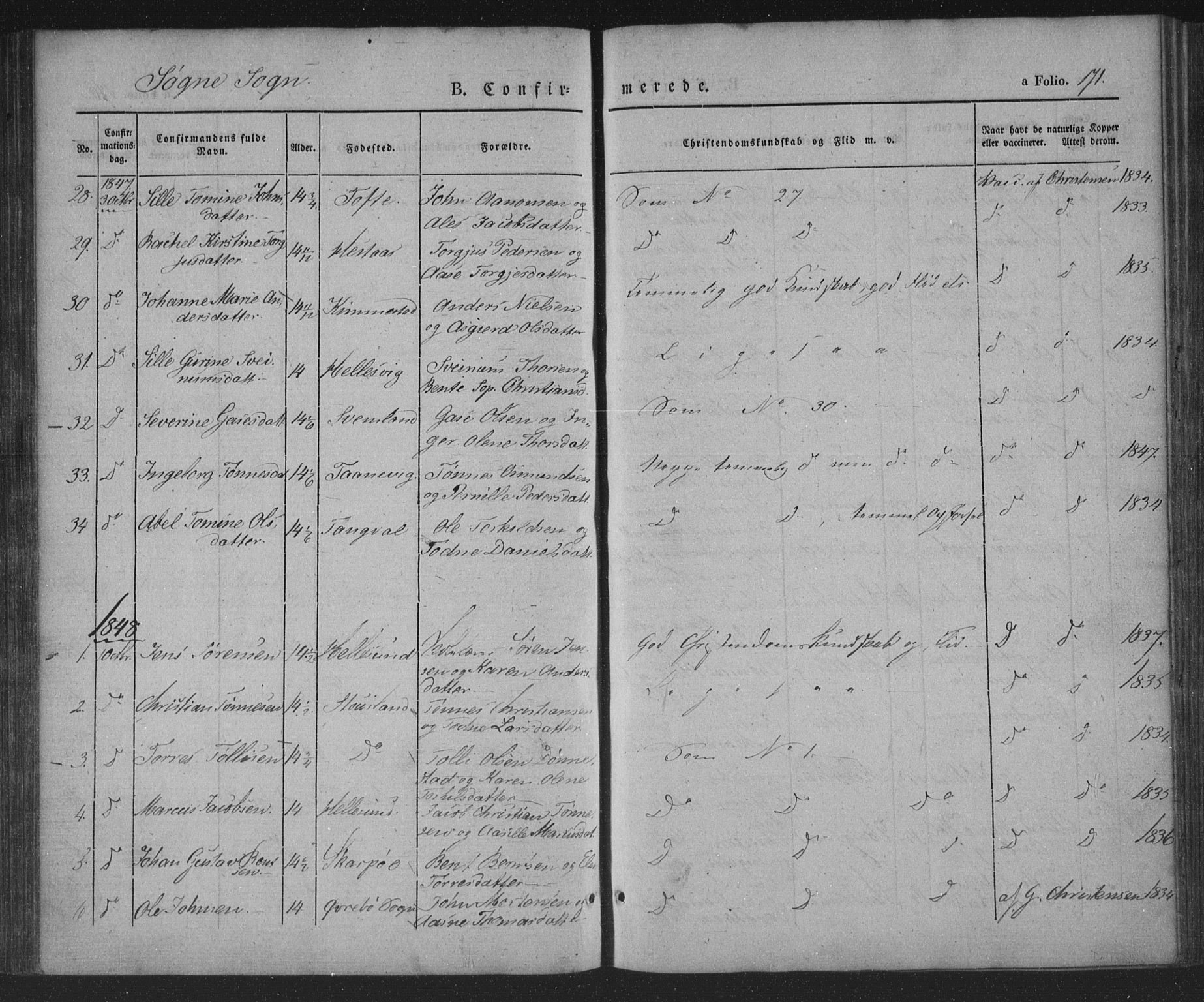 Søgne sokneprestkontor, AV/SAK-1111-0037/F/Fa/Fab/L0009: Parish register (official) no. A 9, 1838-1853, p. 171