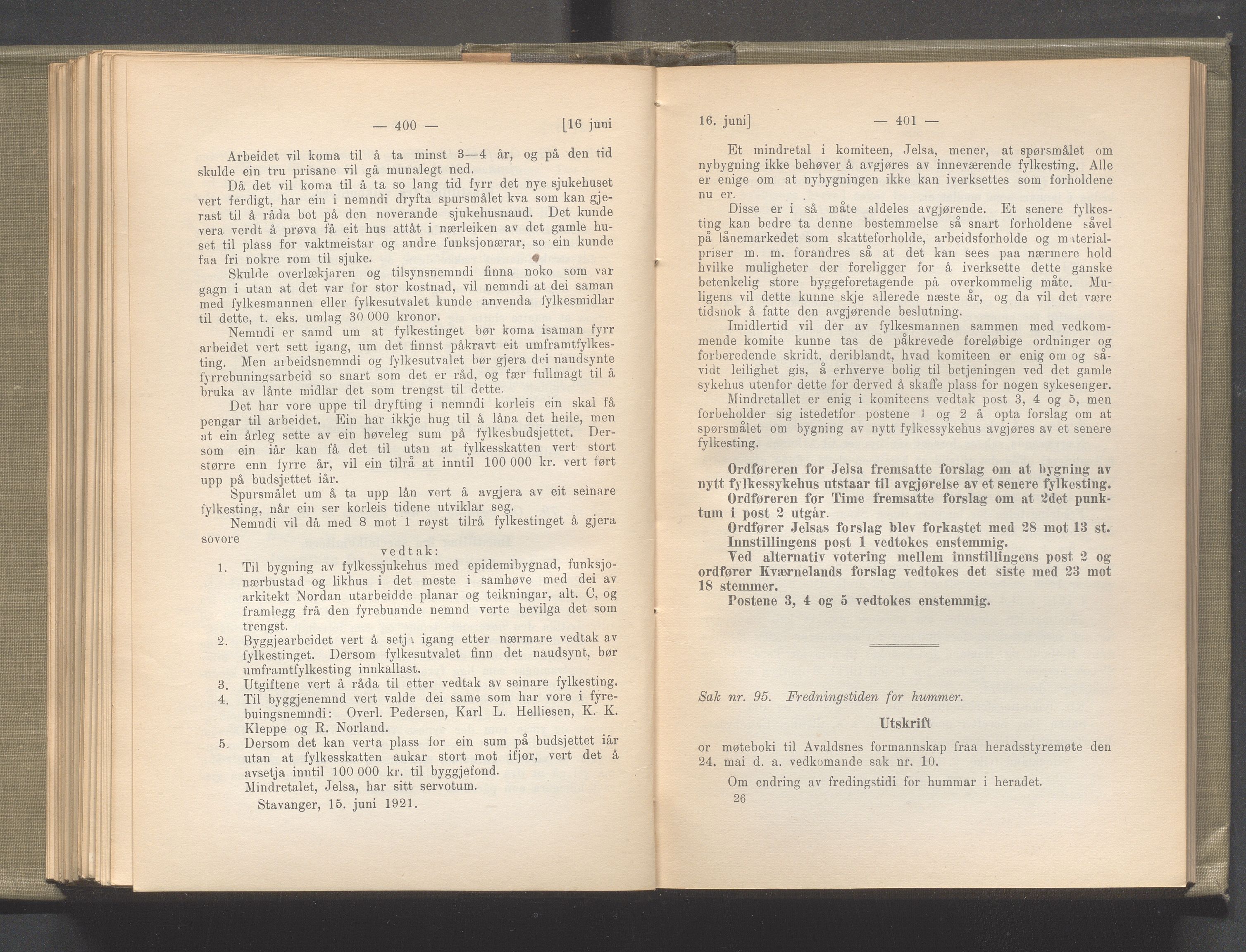 Rogaland fylkeskommune - Fylkesrådmannen , IKAR/A-900/A/Aa/Aaa/L0040: Møtebok , 1921, p. 400-401