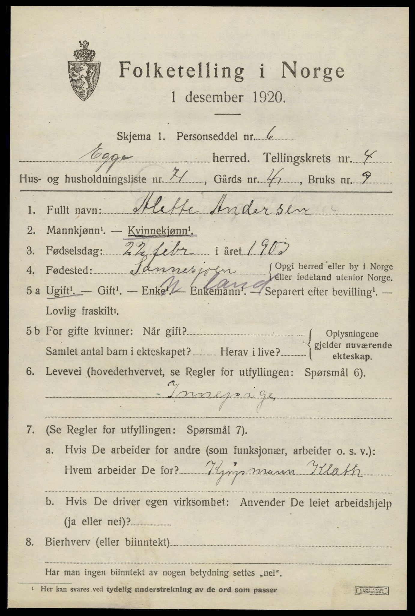 SAT, 1920 census for Egge, 1920, p. 3342