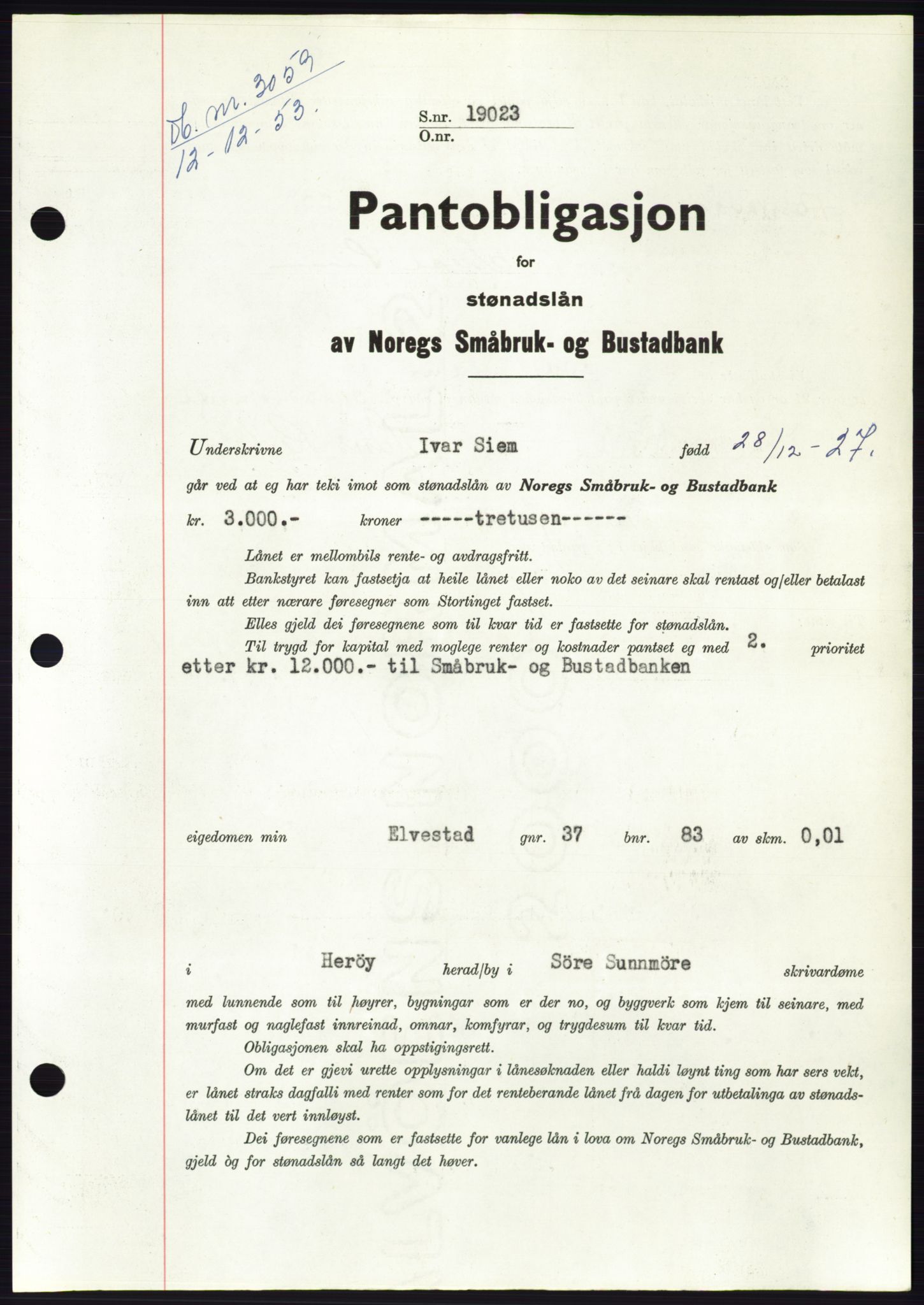 Søre Sunnmøre sorenskriveri, AV/SAT-A-4122/1/2/2C/L0124: Mortgage book no. 12B, 1953-1954, Diary no: : 3059/1953